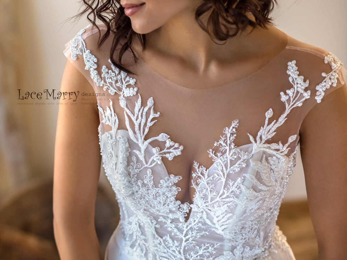 Sparkly Wedding Dress with Sexy Lace Neckline