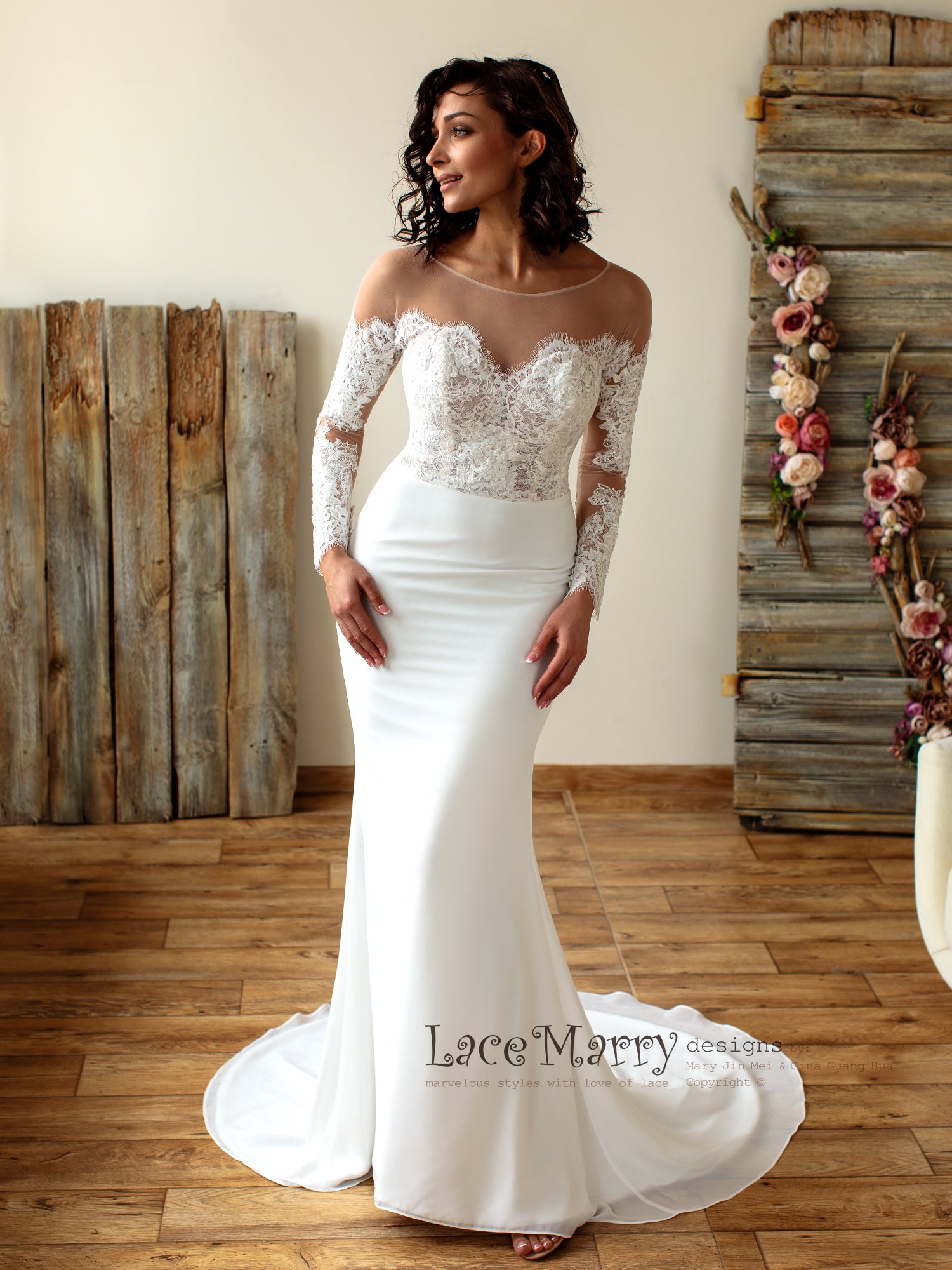 Off-Shoulder Lace Wedding Dress with Long Sleeves - LaceMarry Off-Shoulder Lace Wedding Dress with Long Sleeves - LaceMarry
