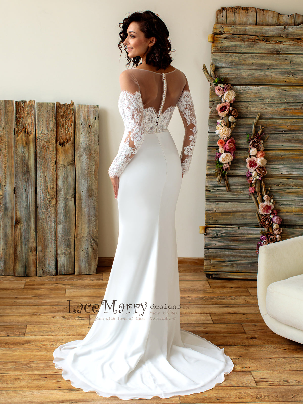 Off-Shoulder Lace Wedding Dress with Long Sleeves - LaceMarry