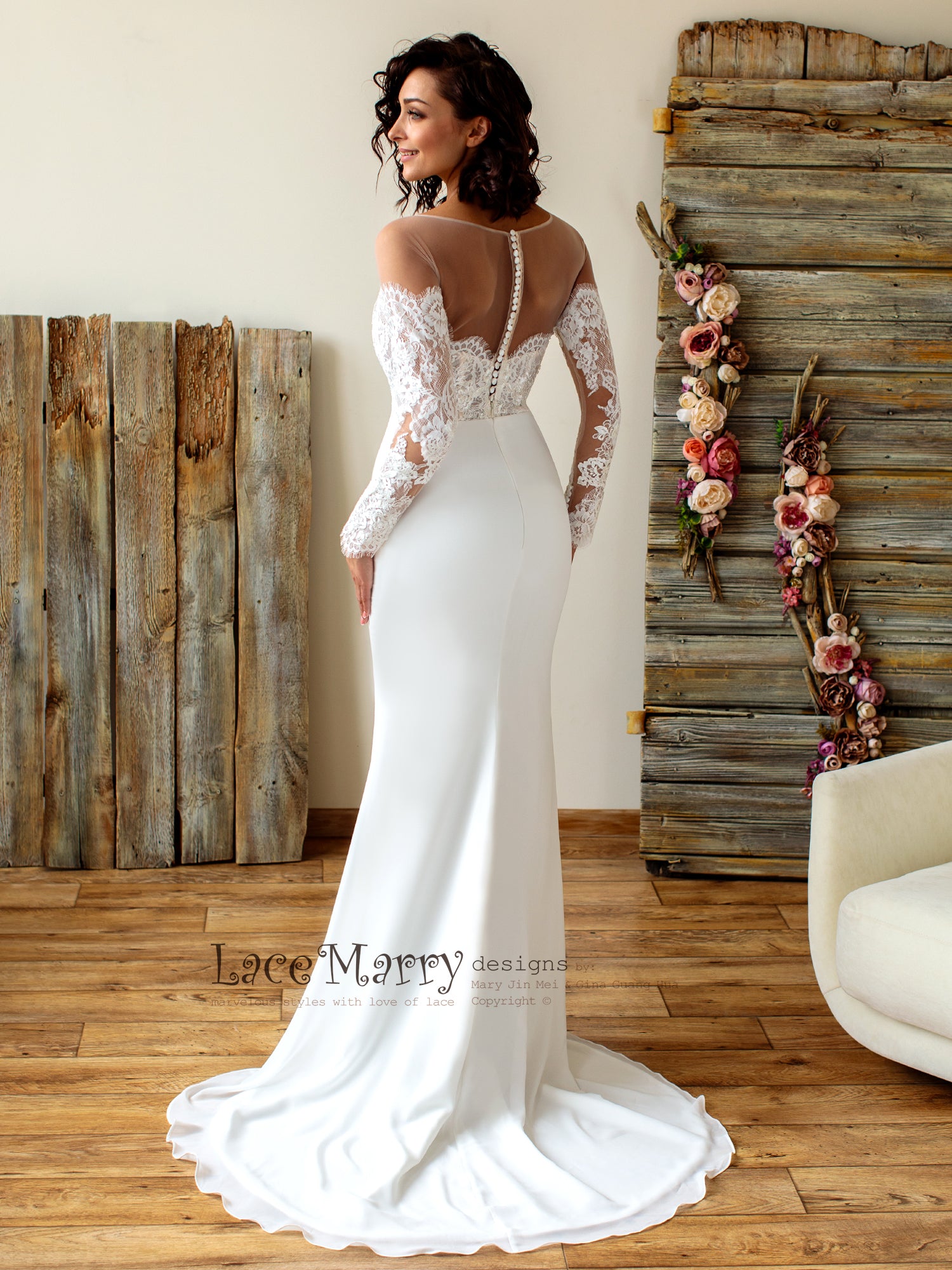 Off Shoulder Lace Wedding Dress with Long Sleeves LaceMarry