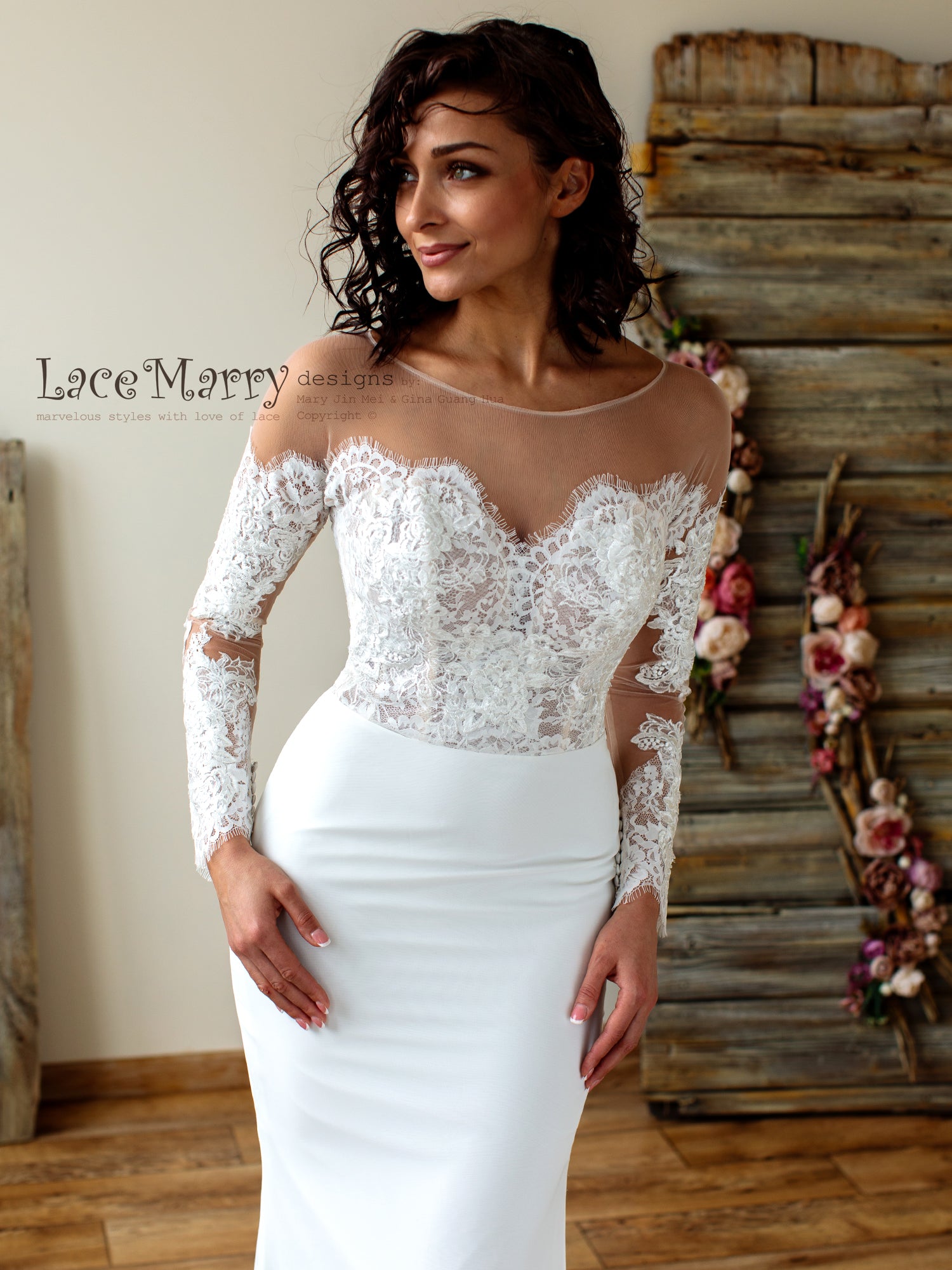 knee length dresses for ladies Off-Shoulder Lace Wedding Dress with Long Sleeves