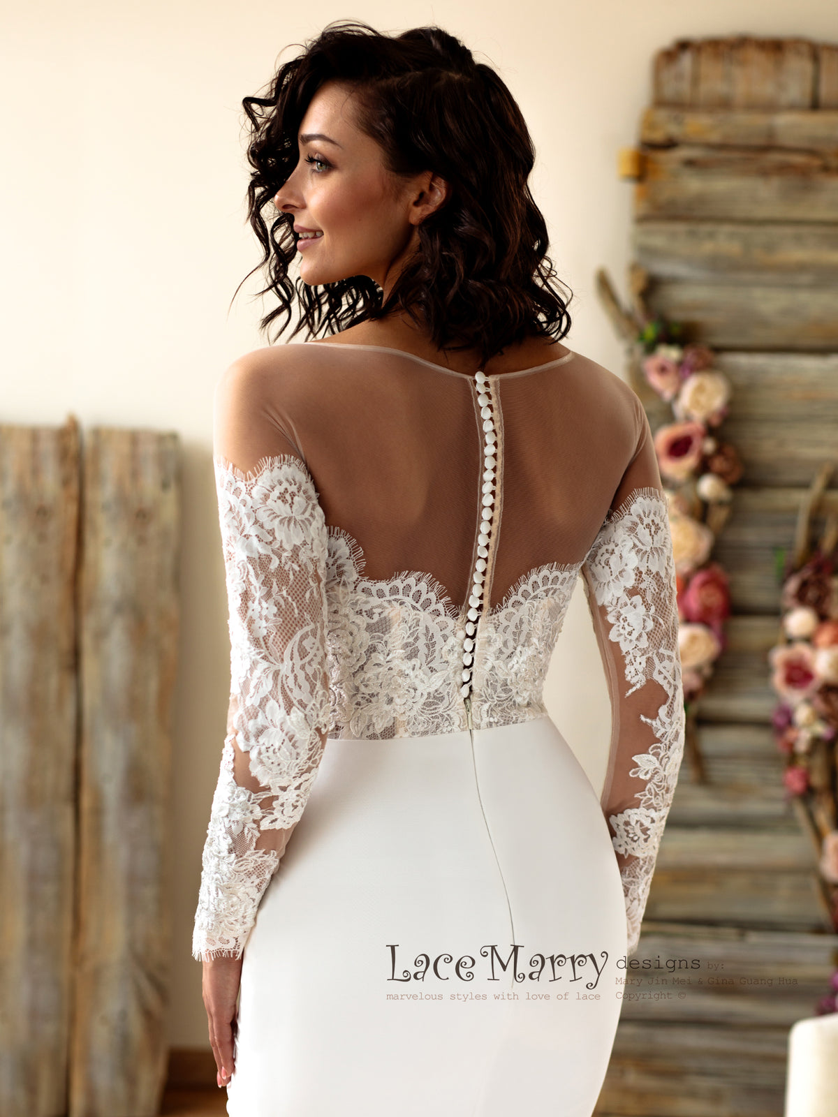 Illusion Back Wedding Dress with Buttons