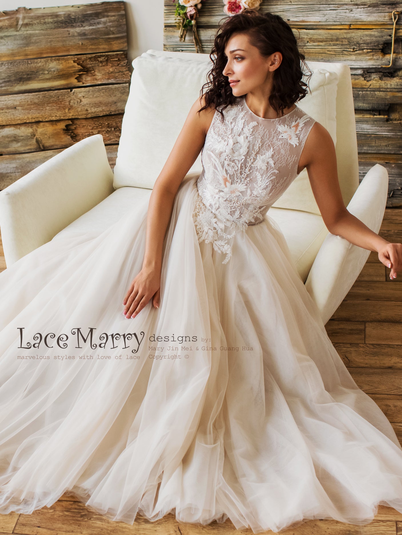 Charming Lace Wedding Dress with Flowers and Birds Embroidery - LaceMarry Charming Lace Wedding Dress with Flowers and Birds Embroidery - LaceMarry