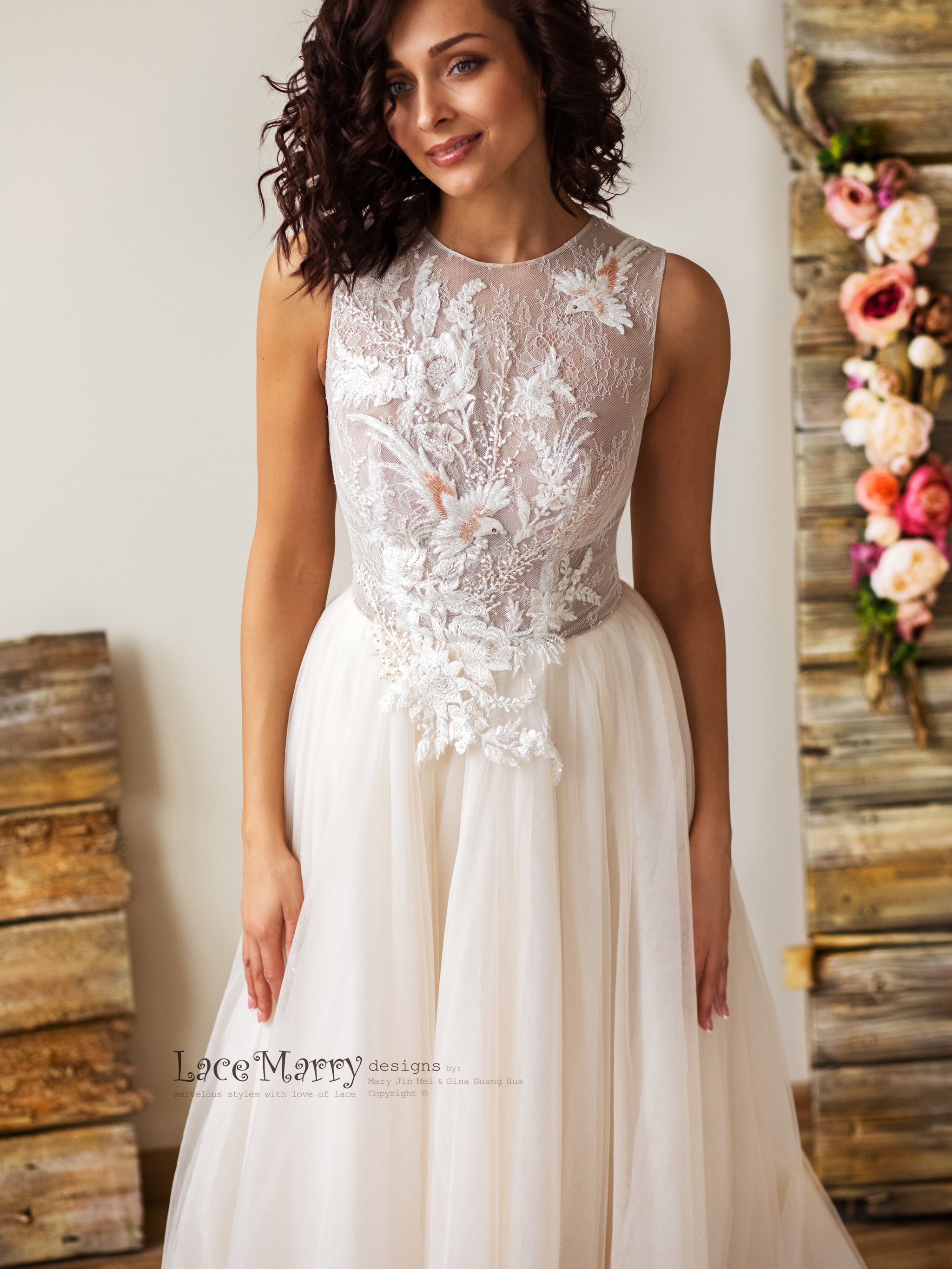 Charming Lace Wedding Dress with Flowers and Birds Embroidery - LaceMarry Charming Lace Wedding Dress with Flowers and Birds Embroidery - LaceMarry