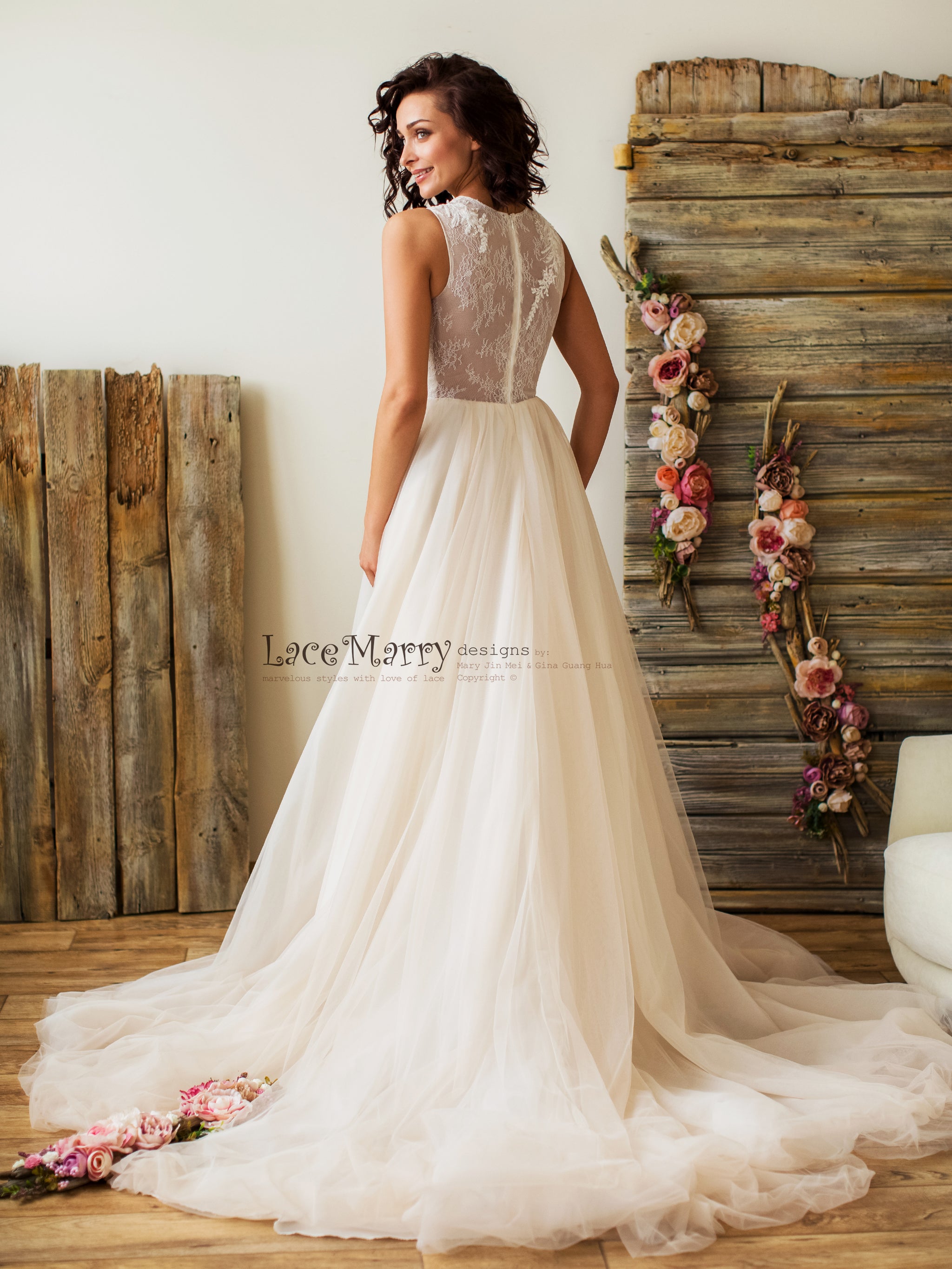Charming Lace Wedding Dress with Flowers and Birds Embroidery - LaceMarry
