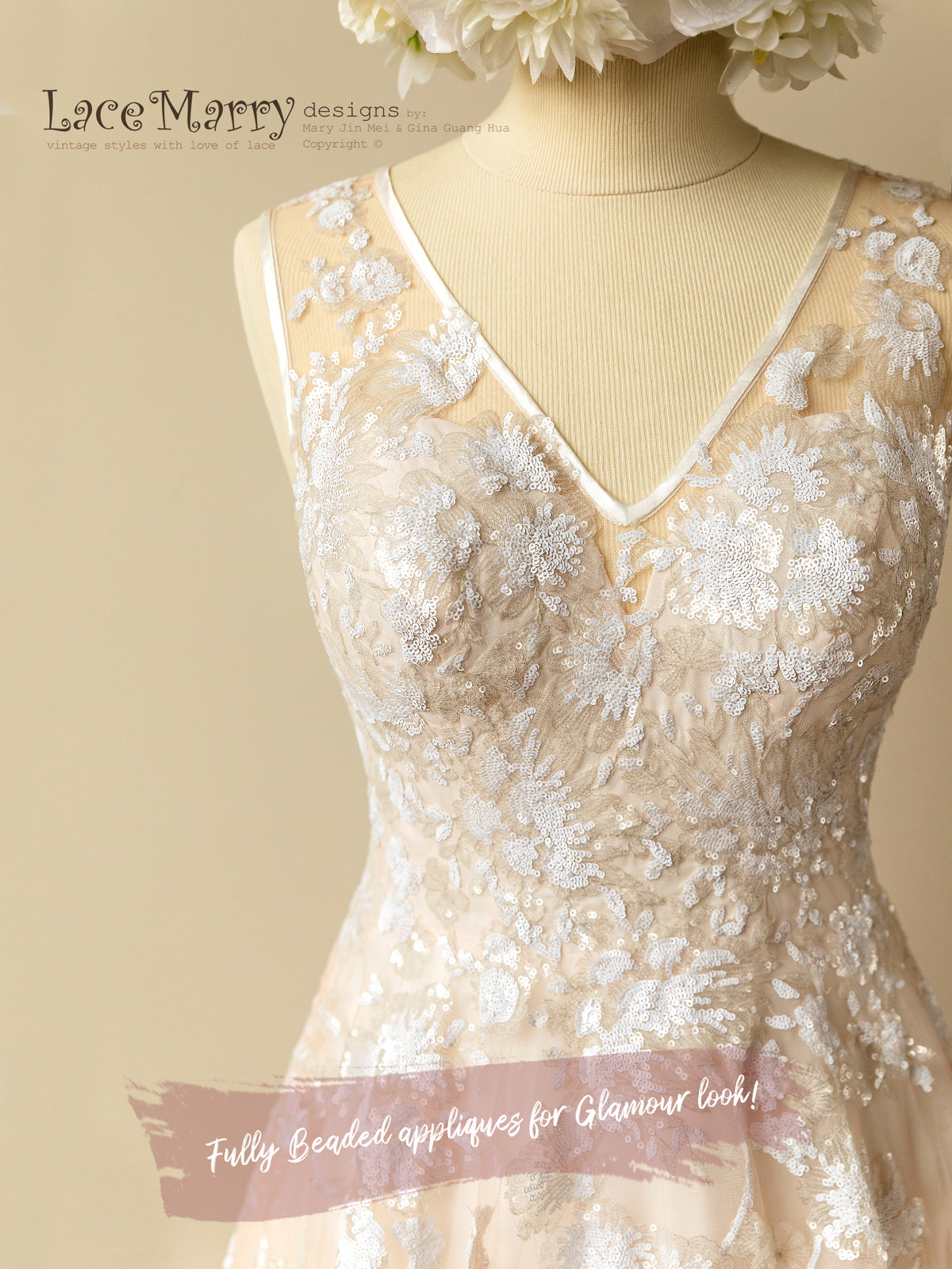 V Neckline Sparking Wedding Dress