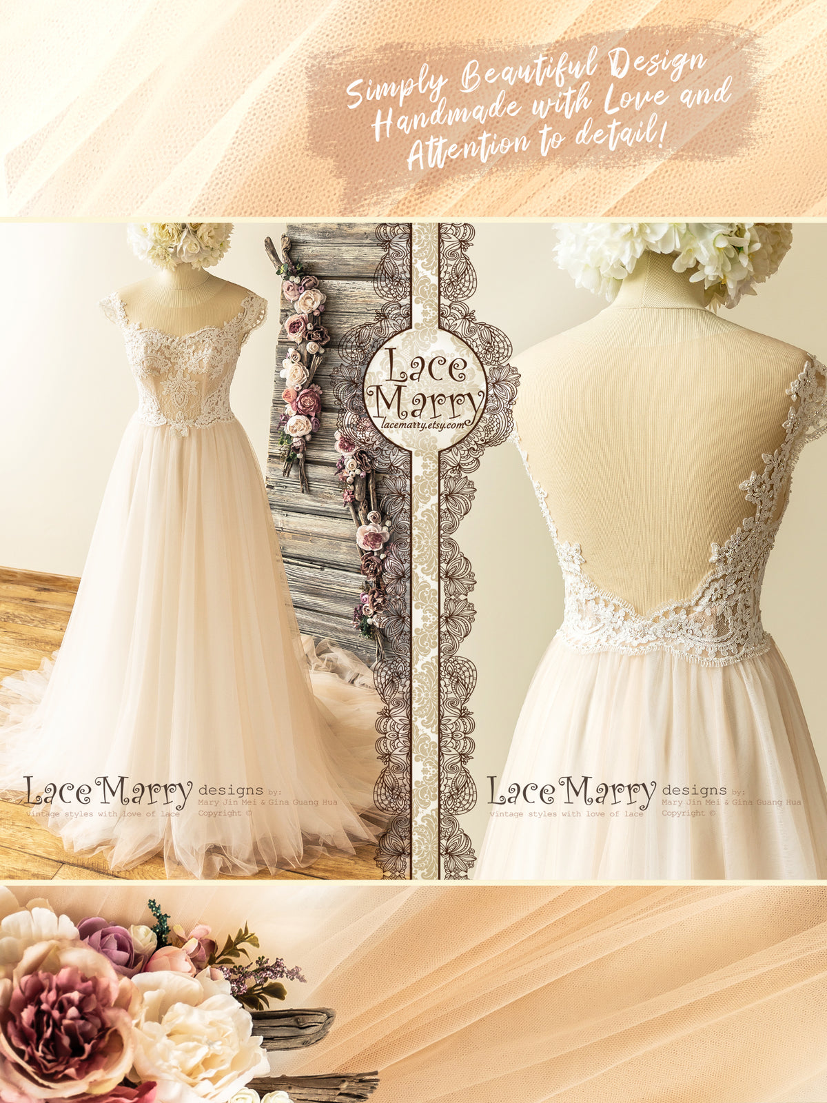 Elegant Boho Wedding Dress with Illusion Neckline - LaceMarry Elegant Boho Wedding Dress with Illusion Neckline - LaceMarry