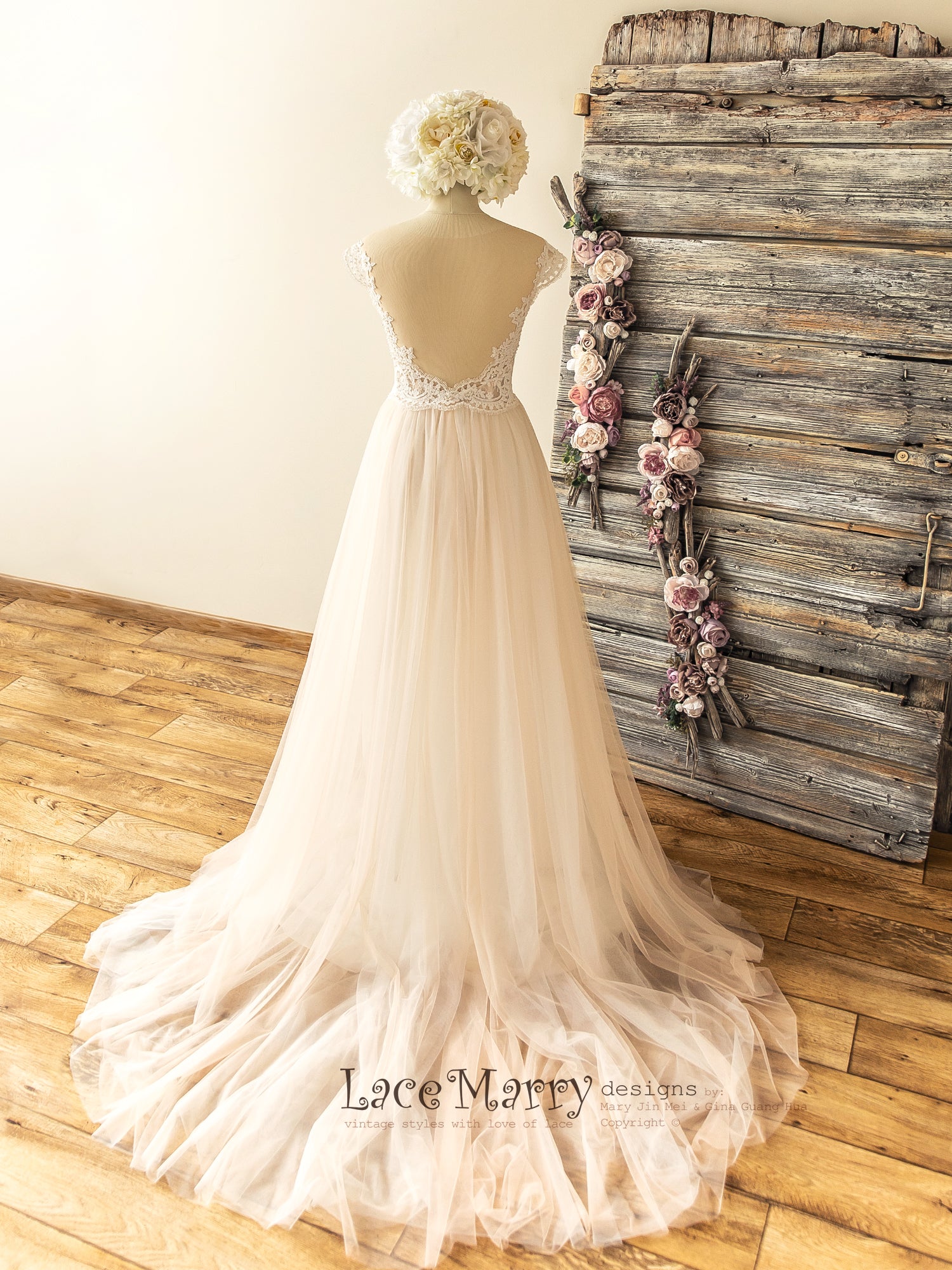 Elegant Boho Wedding Dress with Illusion Neckline