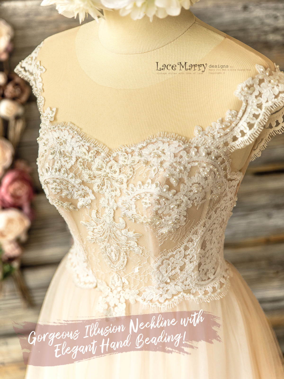 Charming Boho Wedding Dress with Pearl Beaded Illusion Neckline - LaceMarry Charming Boho Wedding Dress with Pearl Beaded Illusion Neckline - LaceMarry