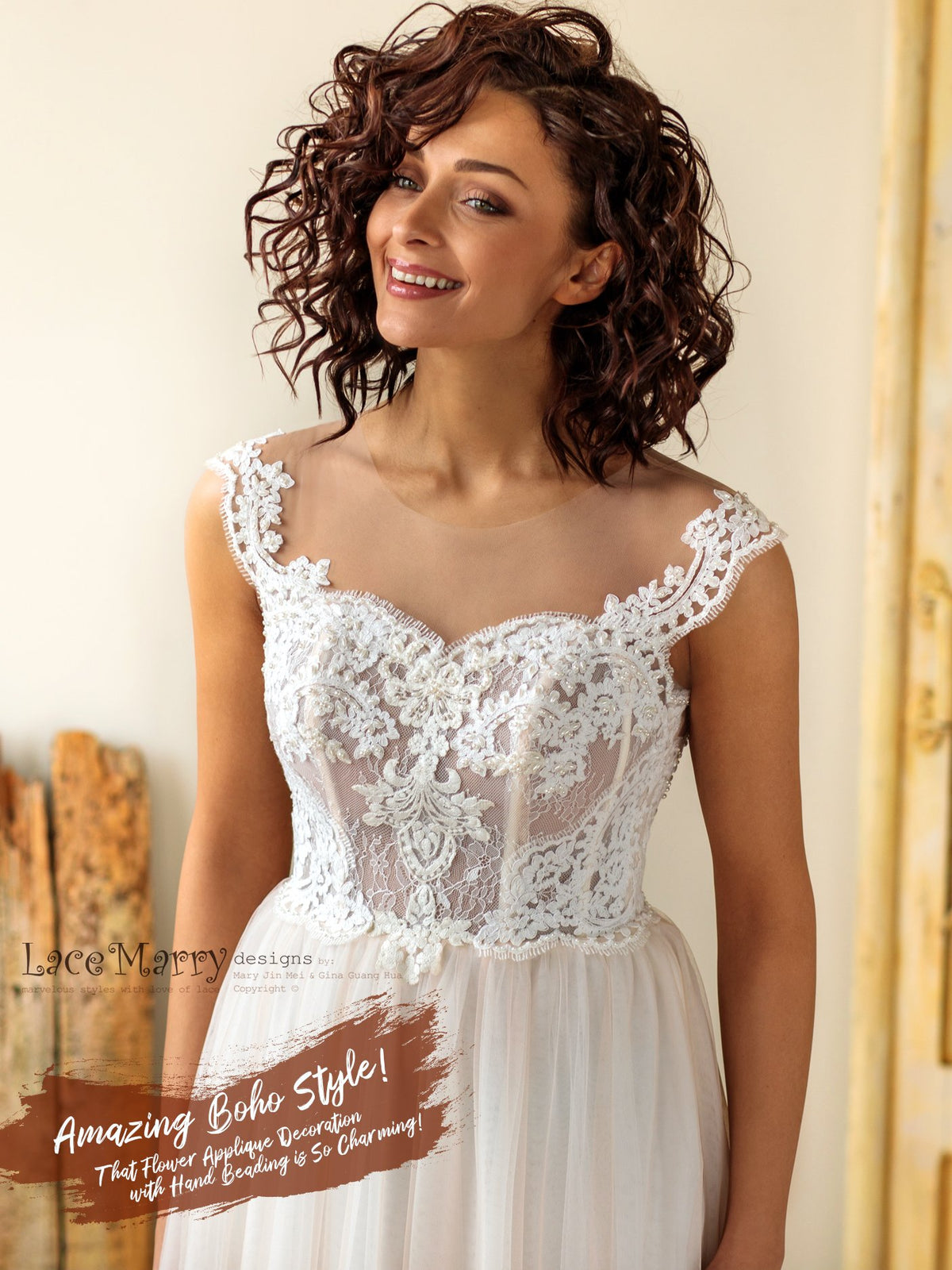 Charming Boho Wedding Dress with Pearl Beaded Illusion Neckline - LaceMarry Charming Boho Wedding Dress with Pearl Beaded Illusion Neckline - LaceMarry