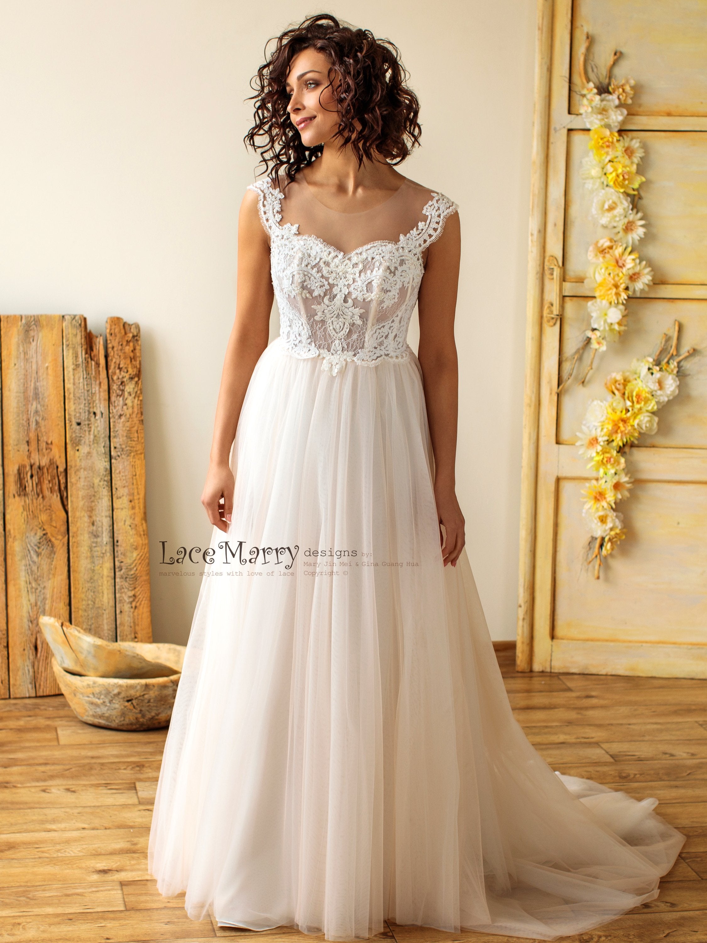 Elegant Boho Wedding Dress with Illusion Neckline - LaceMarry Elegant Boho Wedding Dress with Illusion Neckline - LaceMarry