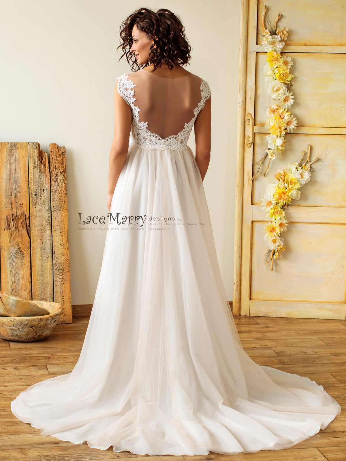 Illusion Open Back Wedding Dress with A Line Tulle Skirt