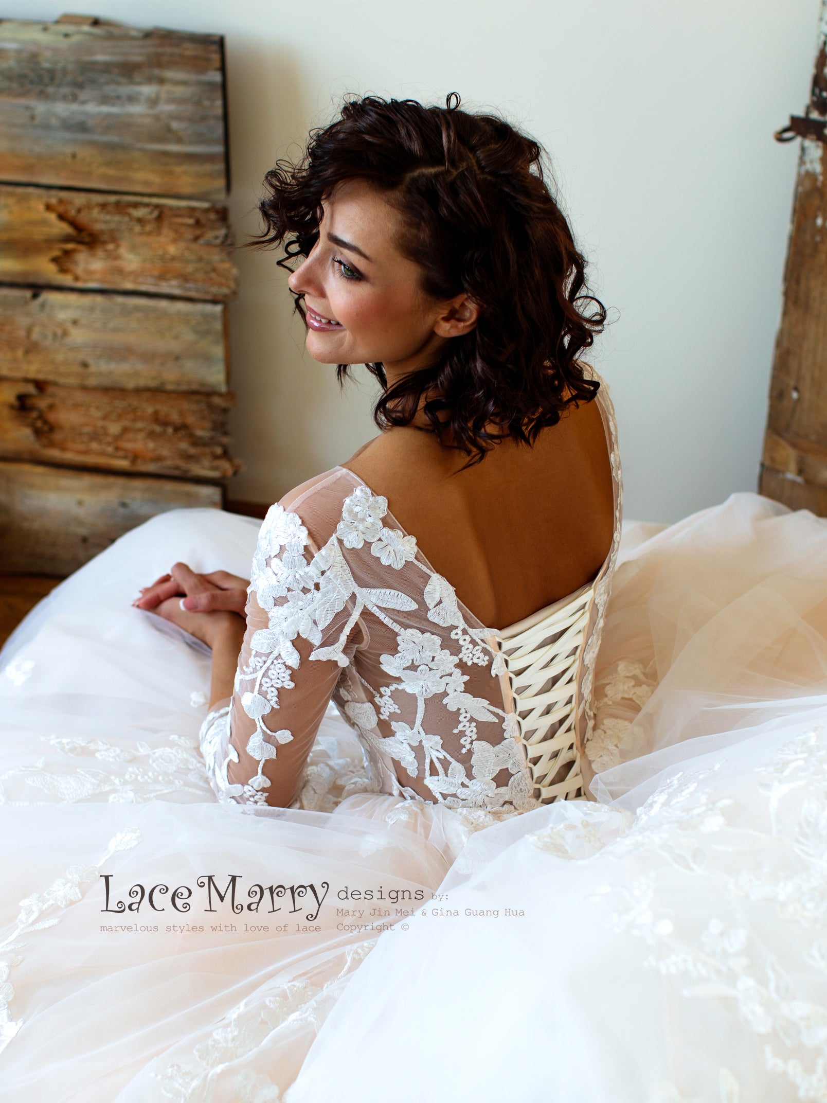 Champagne Boho Wedding Dress with Floral Lace Applique LaceMarry