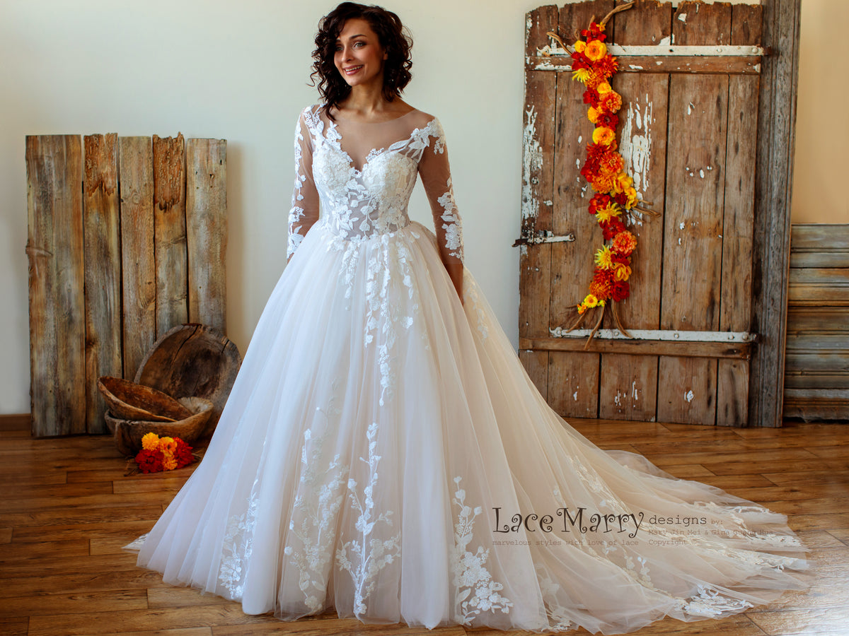 pure lace wedding dress 100 Percent Pure Silk Hand-stitched Embroidery Lace Silk Wedding Dress - Long Sleeves, Minimalist