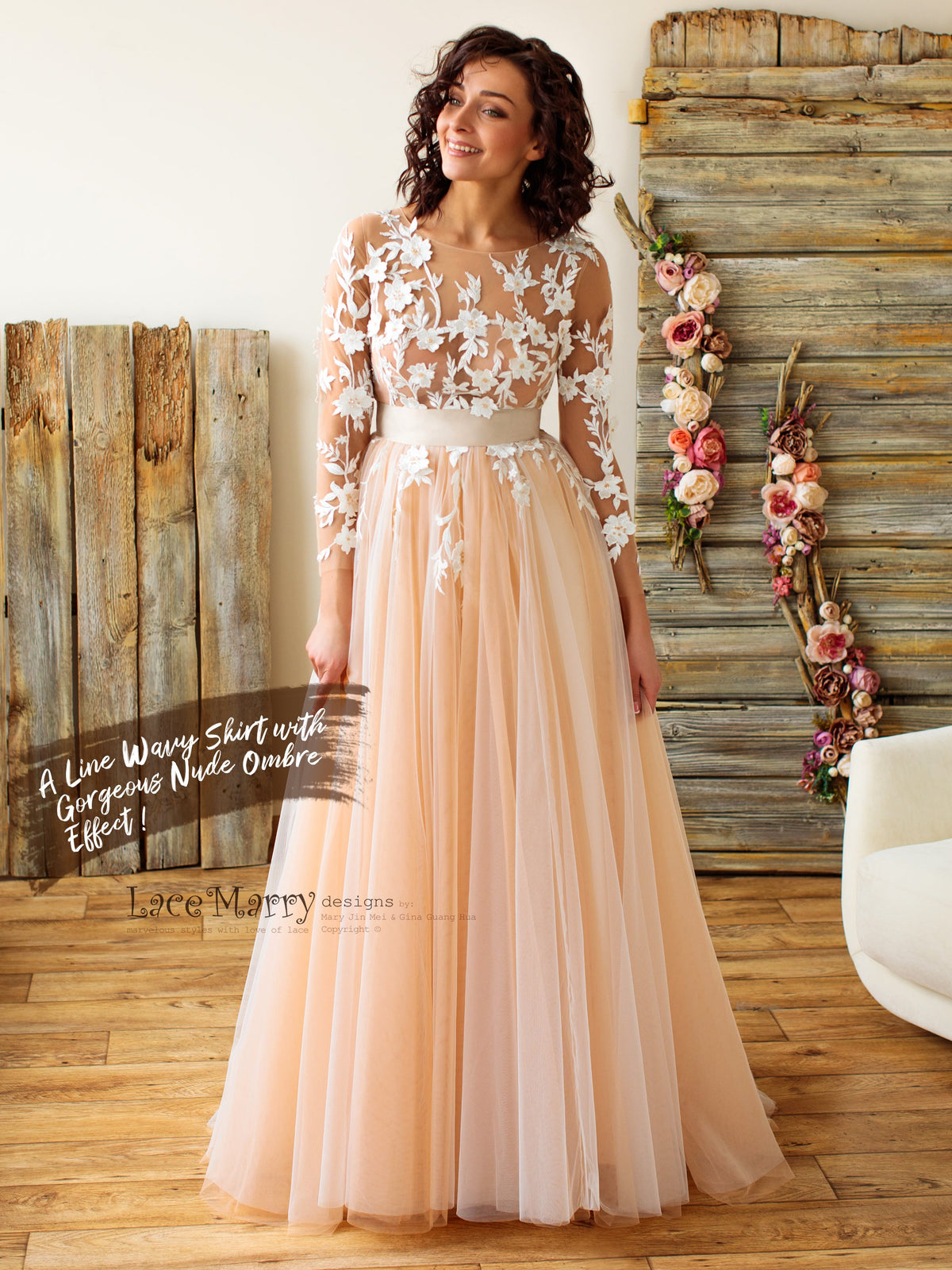 Long Lace Sleeves Wedding Dress with Ombre Skirt