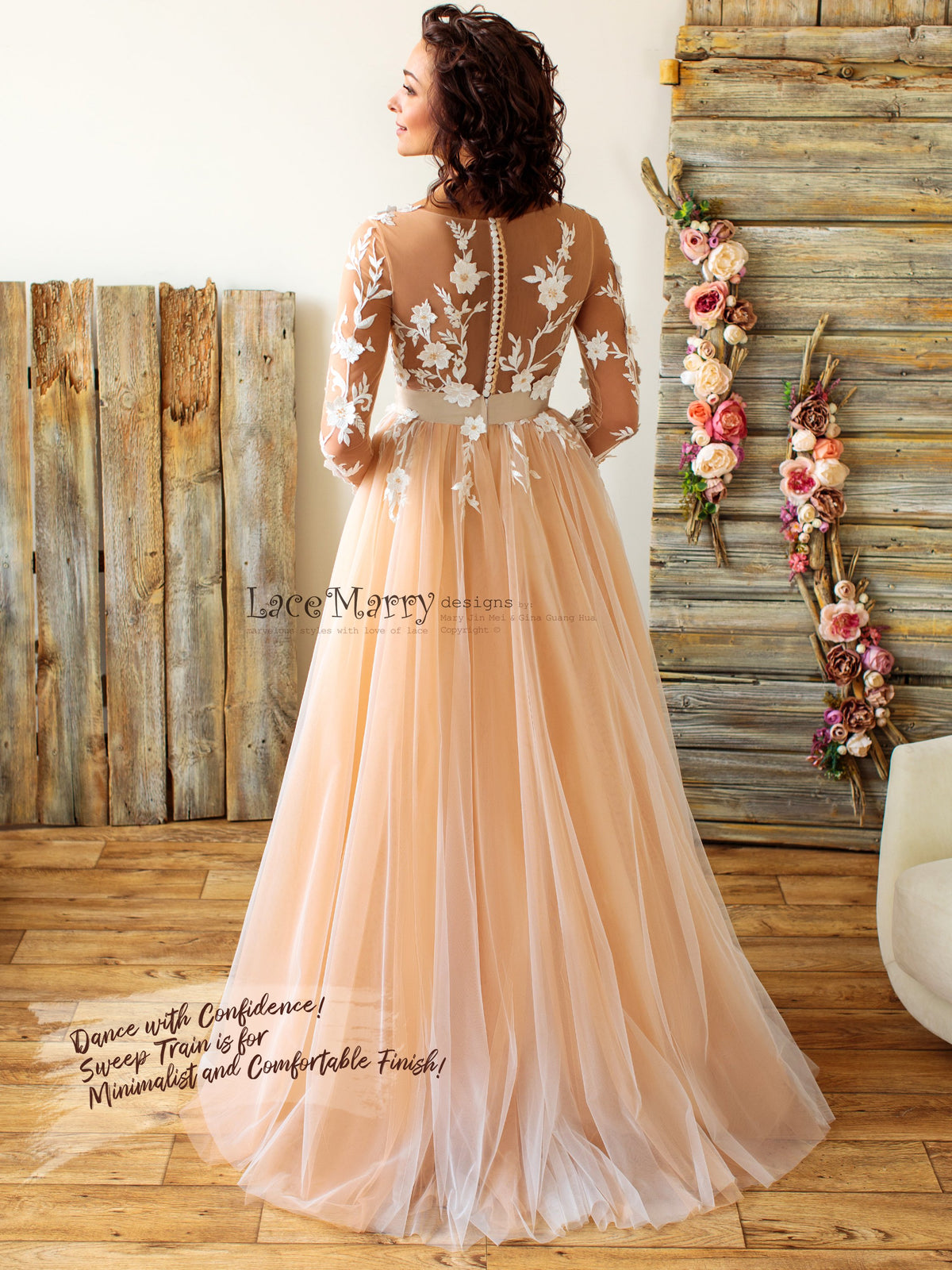A Line Tulle Skirt Wedding Dress with Sweep Train