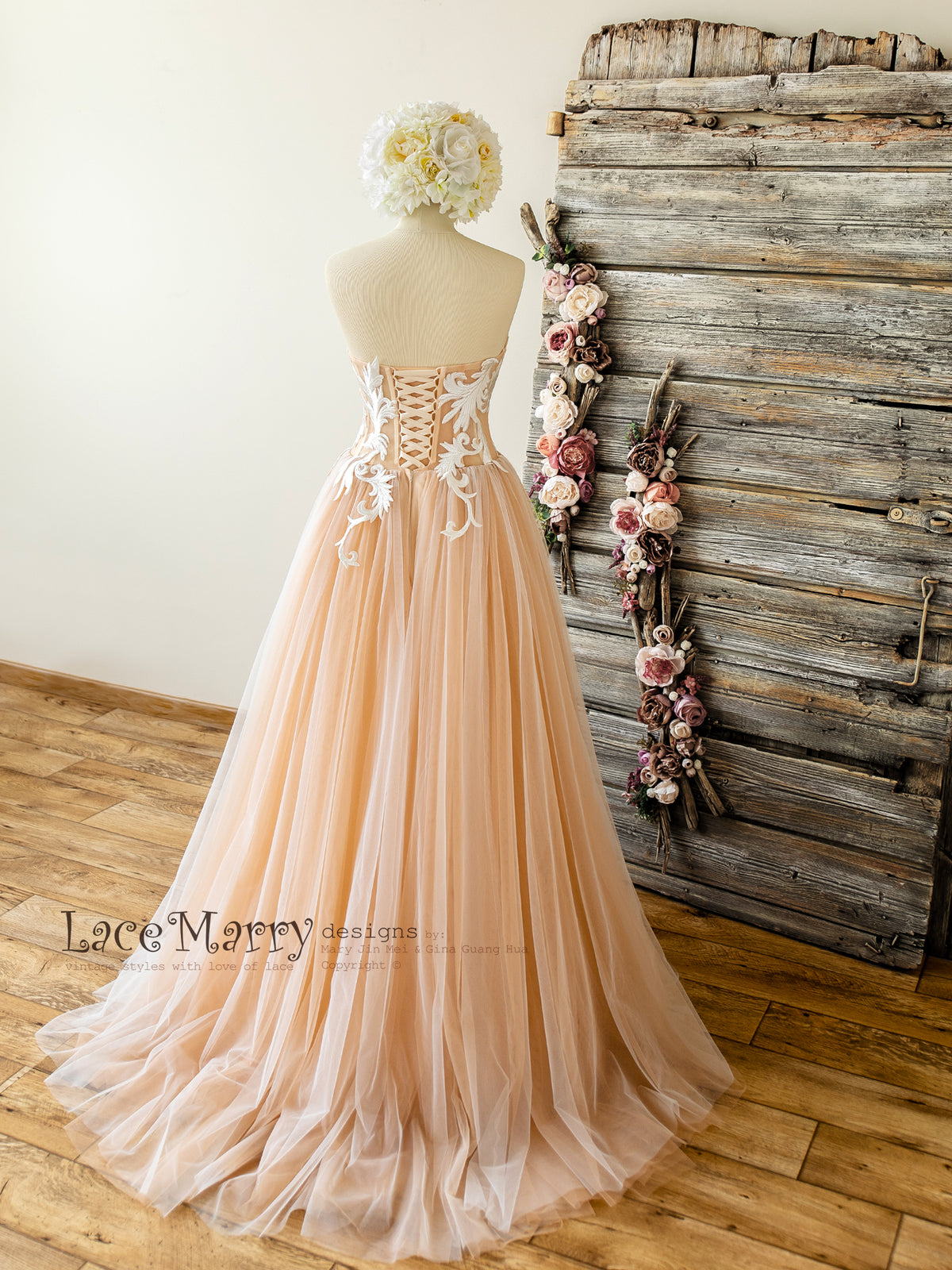 Swirl Lace Strapless Wedding Dress with Corset Back - LaceMarry Swirl Lace Strapless Wedding Dress with Corset Back - LaceMarry