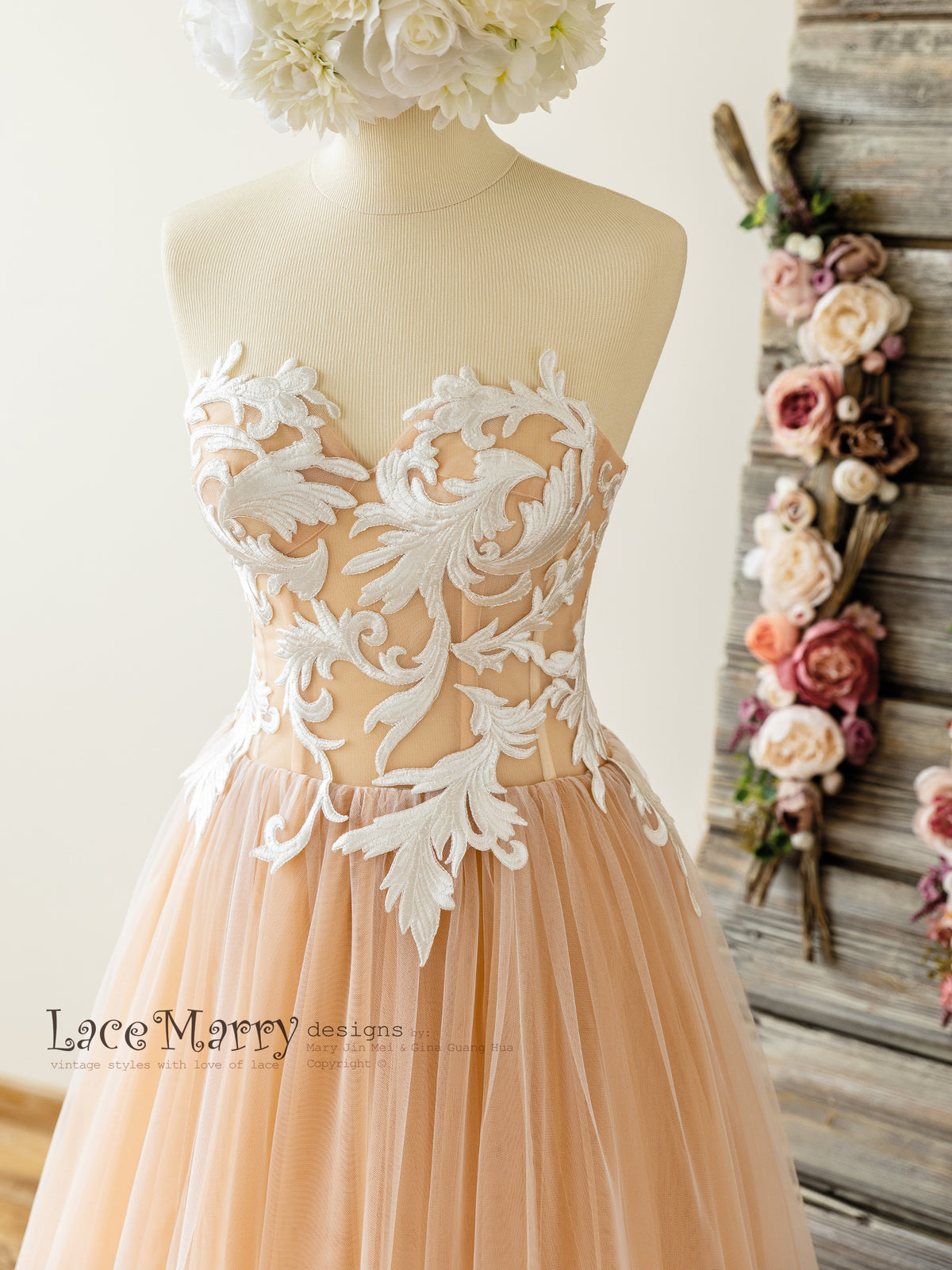 Swirl Lace Peach Wedding Dress