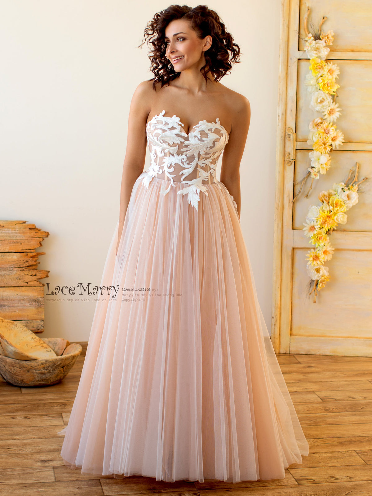 Swirl Lace Strapless Wedding Dress with Corset Back - LaceMarry Swirl Lace Strapless Wedding Dress with Corset Back - LaceMarry