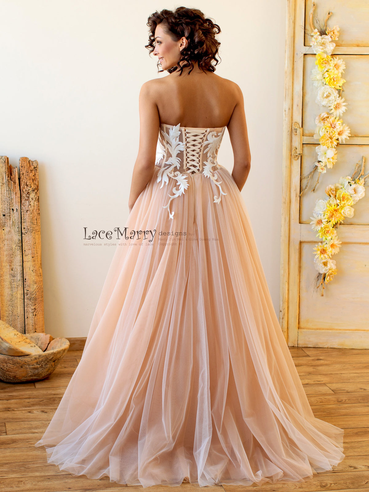 Swirl Lace Strapless Wedding Dress with Corset Back LaceMarry