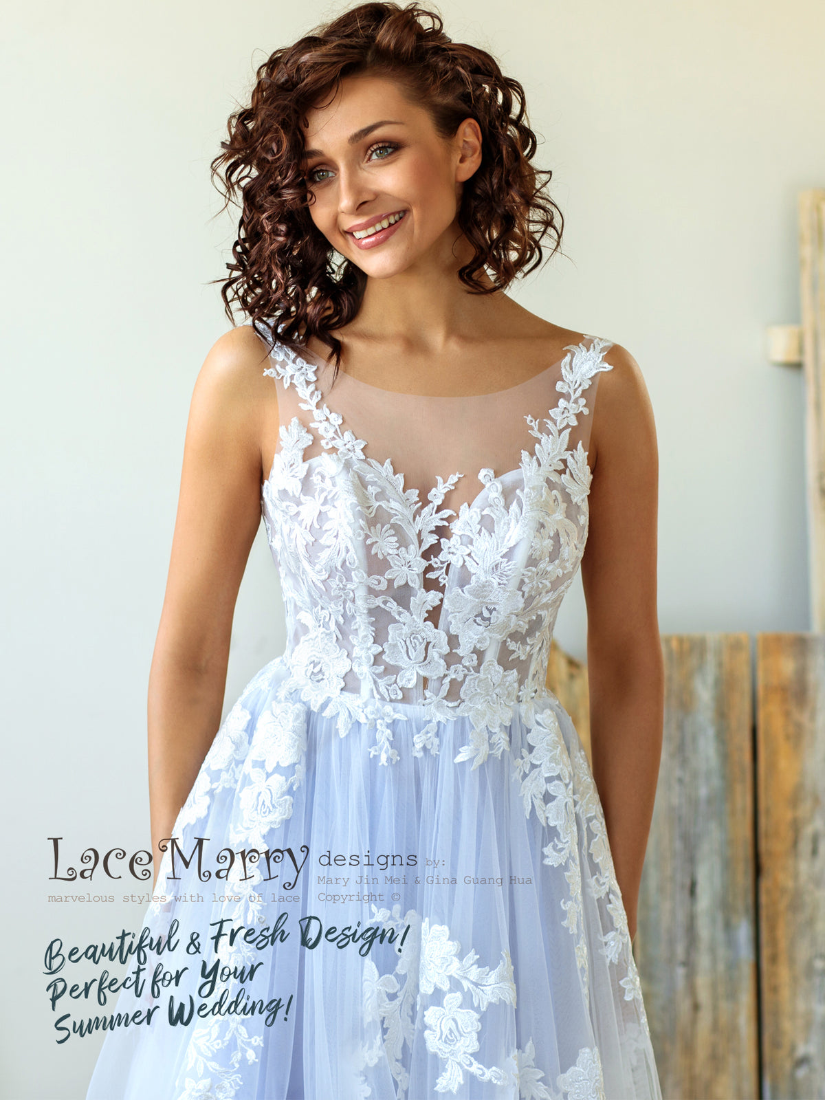 Illusion Neckline Wedding Dress in Light Lilac Color