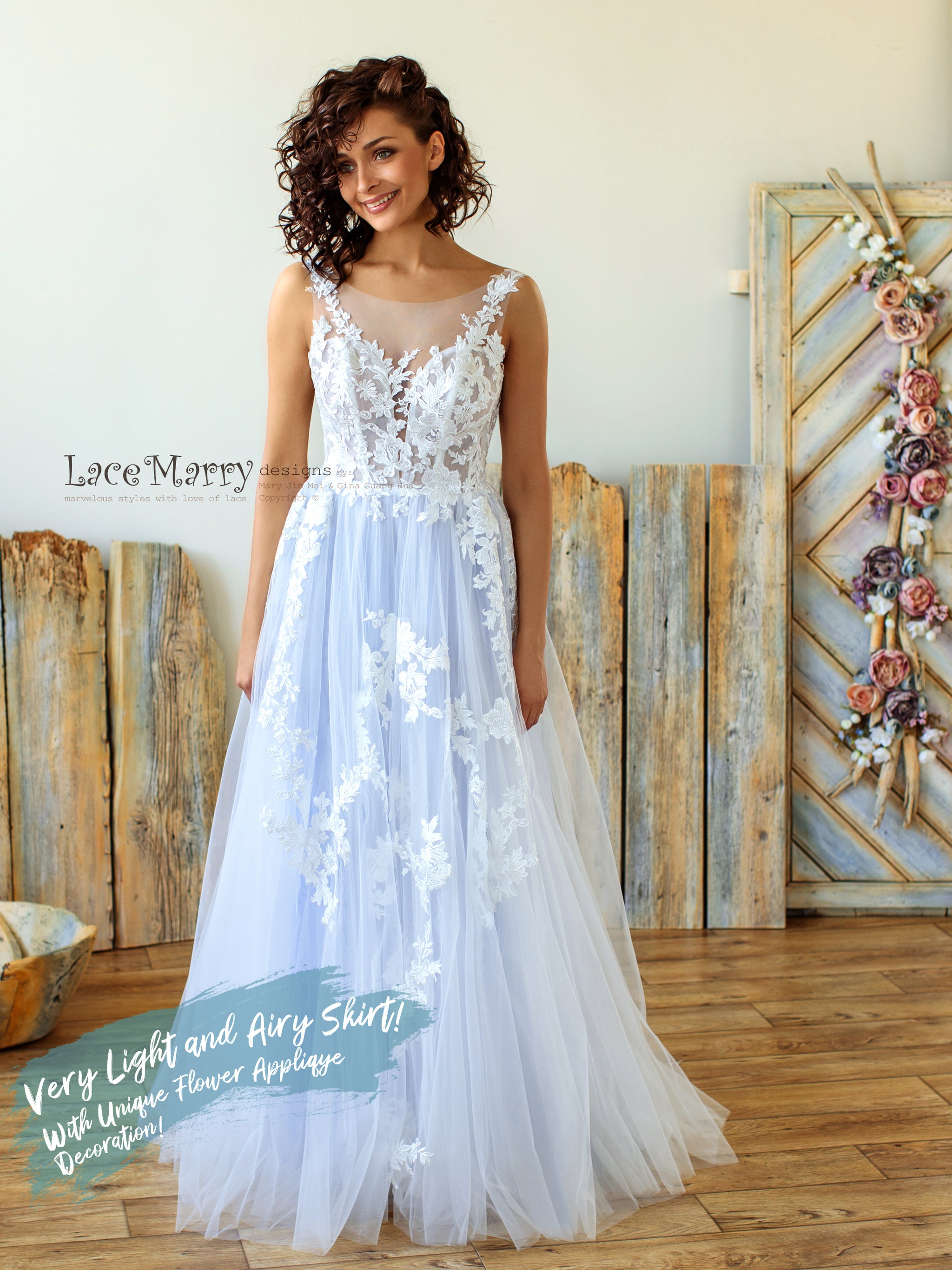 Sky Blue Lace and White Tulle Long Train Formal Gown - VQ