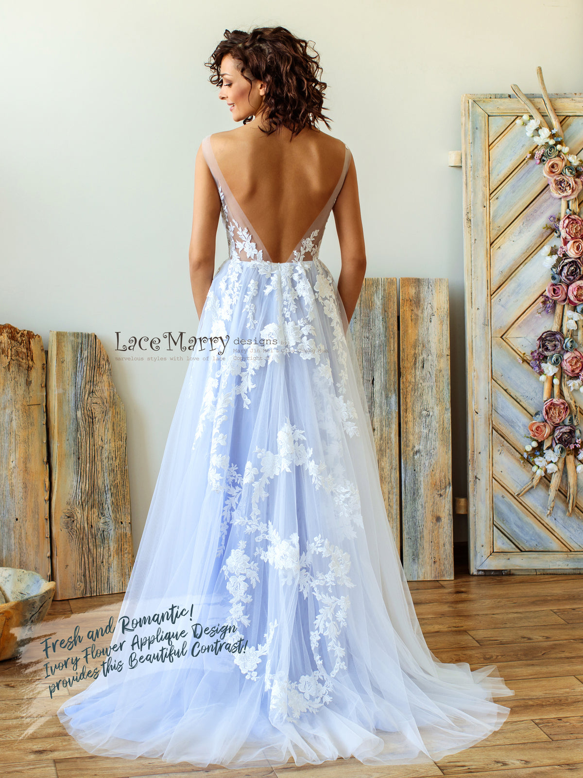 Sparkly Light Lilac Wedding Dress with Floral Appliques