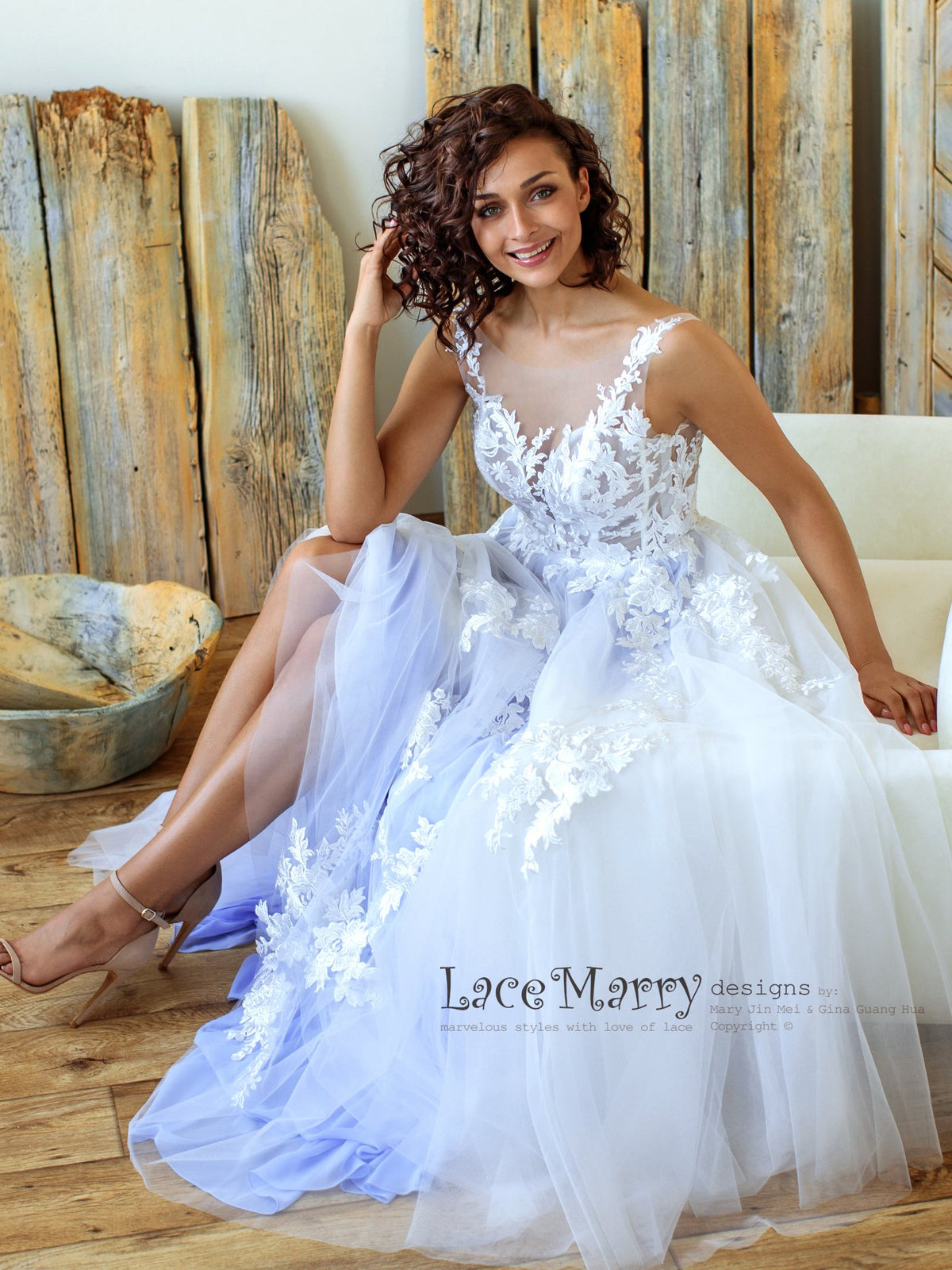 Sparkly Light Lilac Wedding Dress with Floral Appliques - LaceMarry Sparkly Light Lilac Wedding Dress with Floral Appliques - LaceMarry