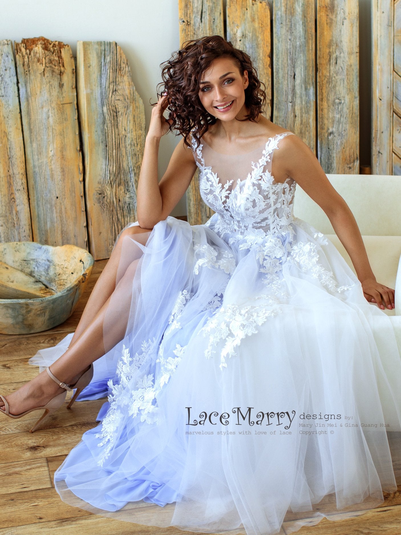 Sparkly Light Lilac Wedding Dress with Floral Appliques LaceMarry