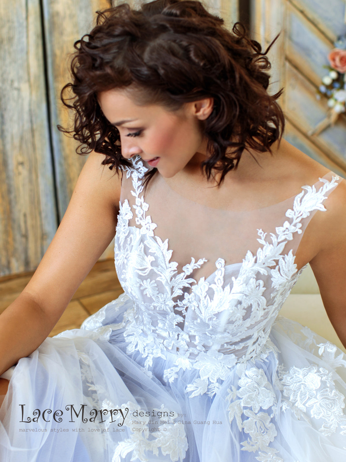 Sparkly Light Lilac Wedding Dress with Floral Appliques