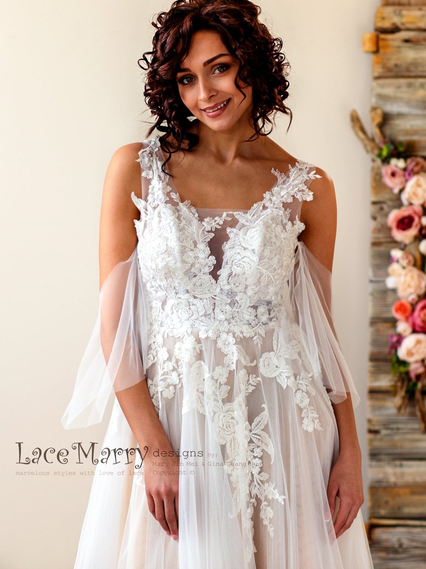 Champagne Boho Wedding Dress with Floral Lace Applique - LaceMarry Champagne Boho Wedding Dress with Floral Lace Applique - LaceMarry