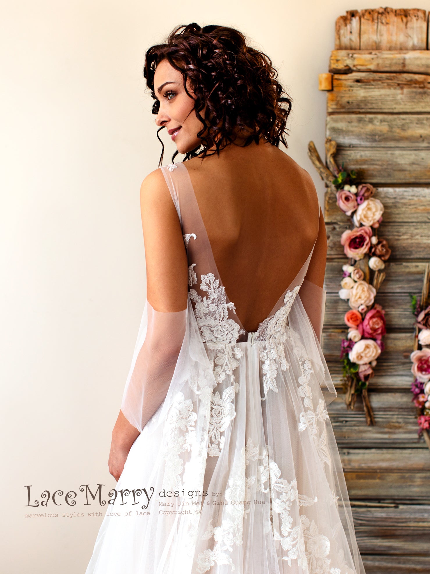 Boho Wedding Dress with V Back and Floral Lace