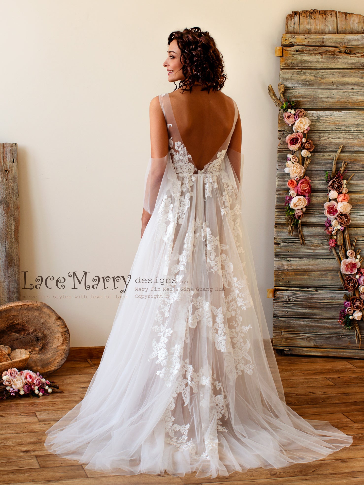 Champagne Boho Wedding Dress with Floral Lace Applique - LaceMarry Champagne Boho Wedding Dress with Floral Lace Applique - LaceMarry