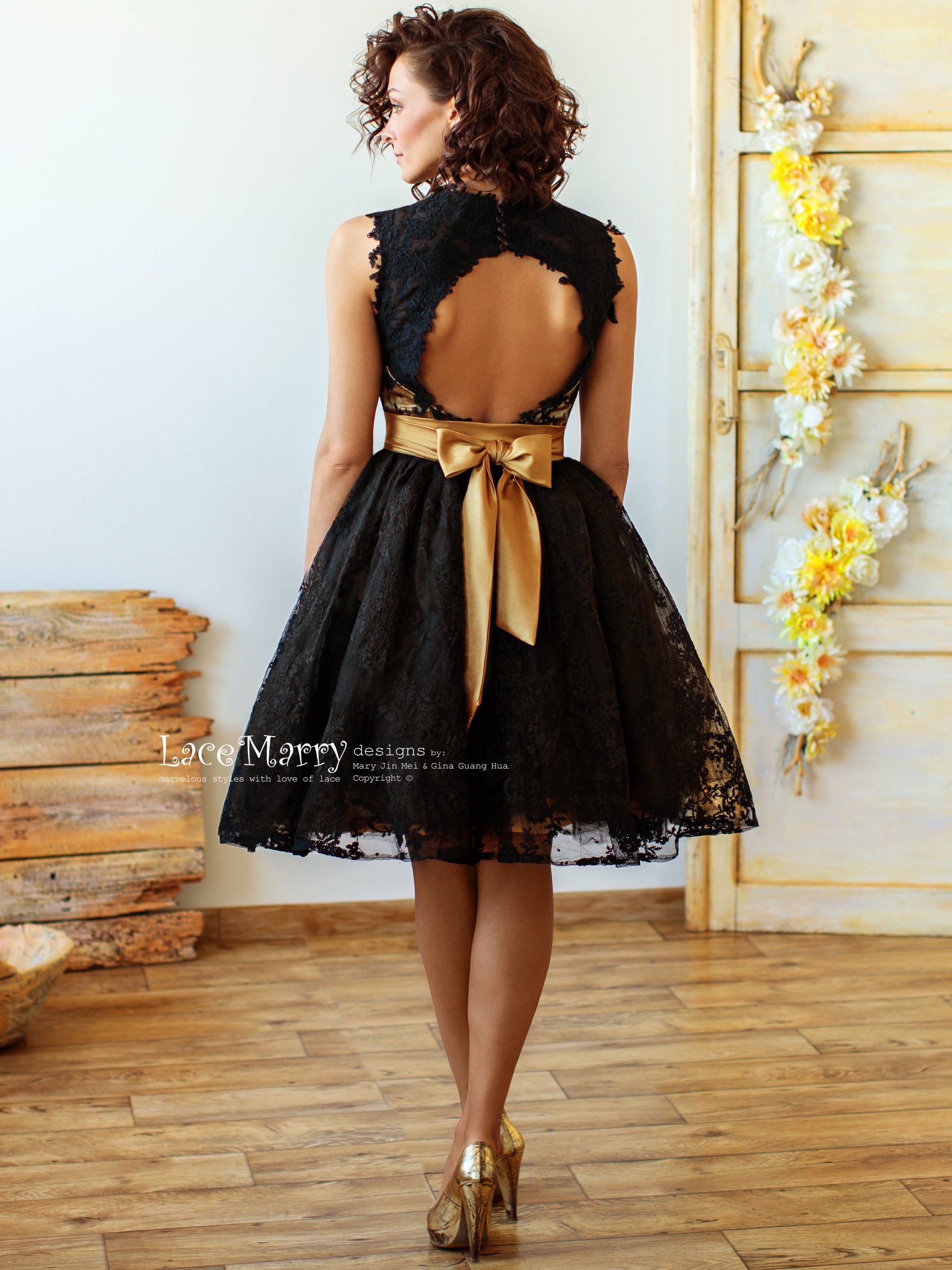 Knee Length Black Wedding Dress with Gold Underlay and Sash - LaceMarry Knee Length Black Wedding Dress with Gold Underlay and Sash - LaceMarry