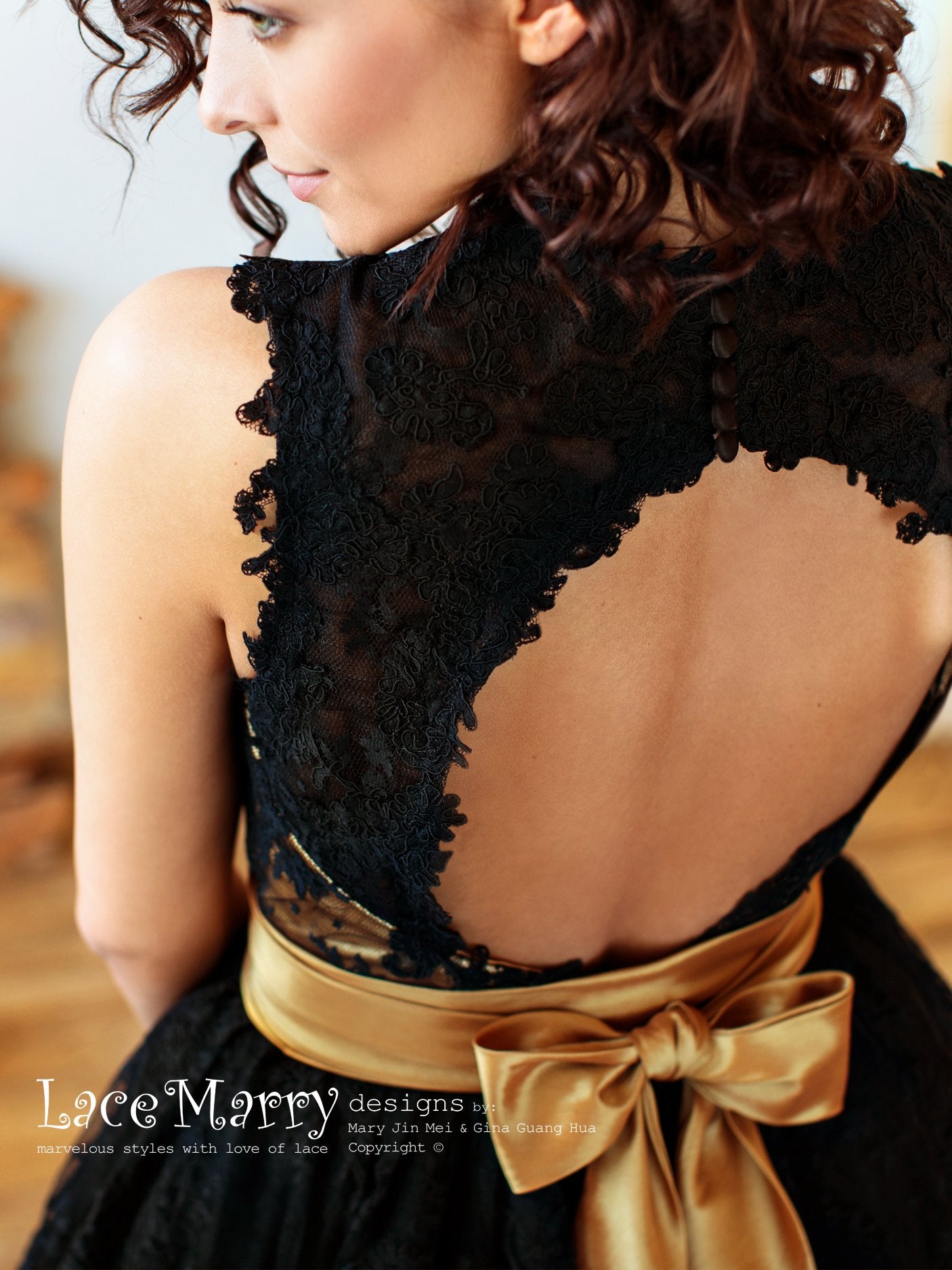 Knee Length Black Wedding Dress with Gold Underlay and Sash - LaceMarry Knee Length Black Wedding Dress with Gold Underlay and Sash - LaceMarry