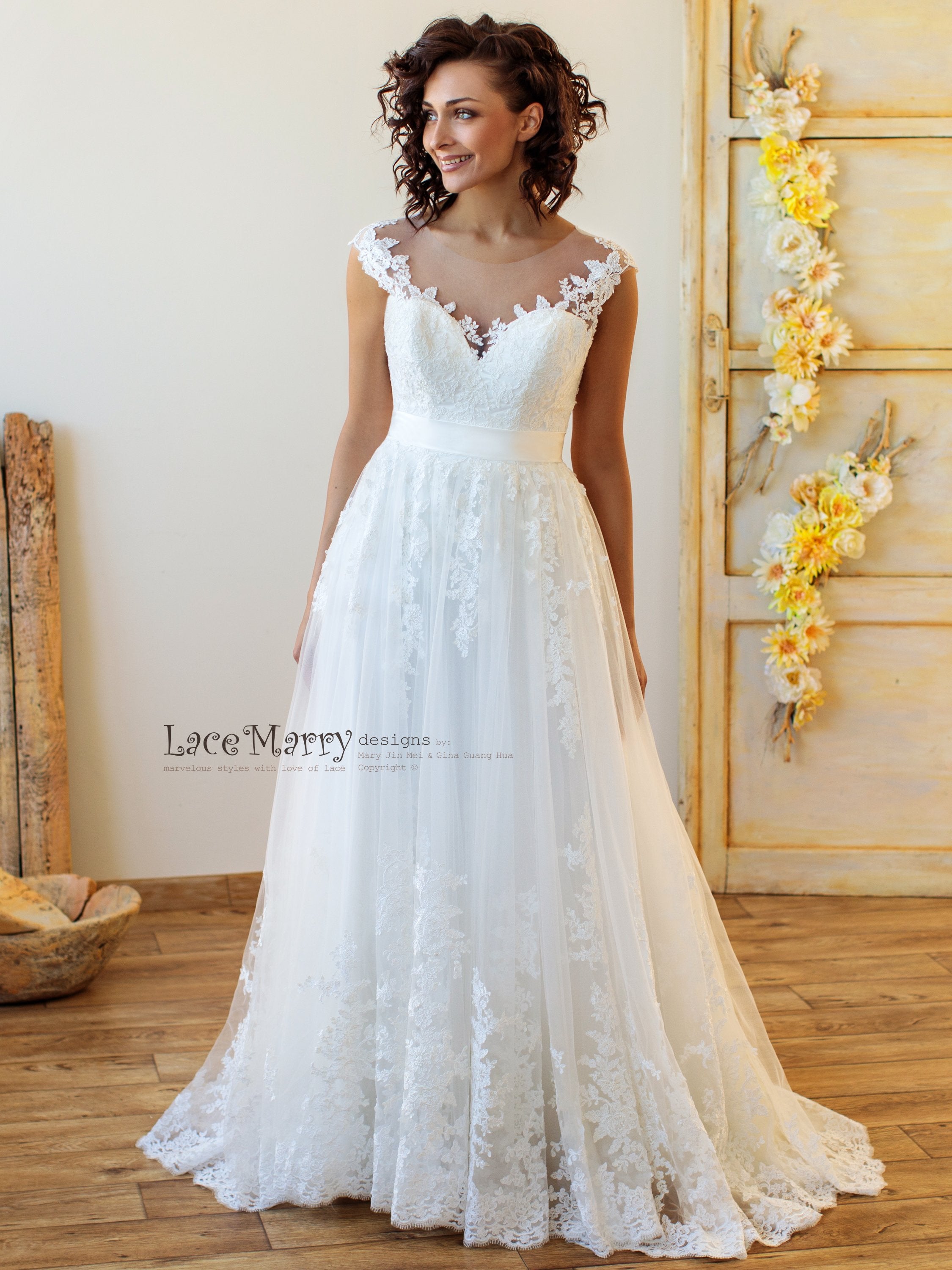 Lacy A-Line Skirt Boho Wedding Dress with Illusion Neckline - LaceMarry Lacy A-Line Skirt Boho Wedding Dress with Illusion Neckline - LaceMarry