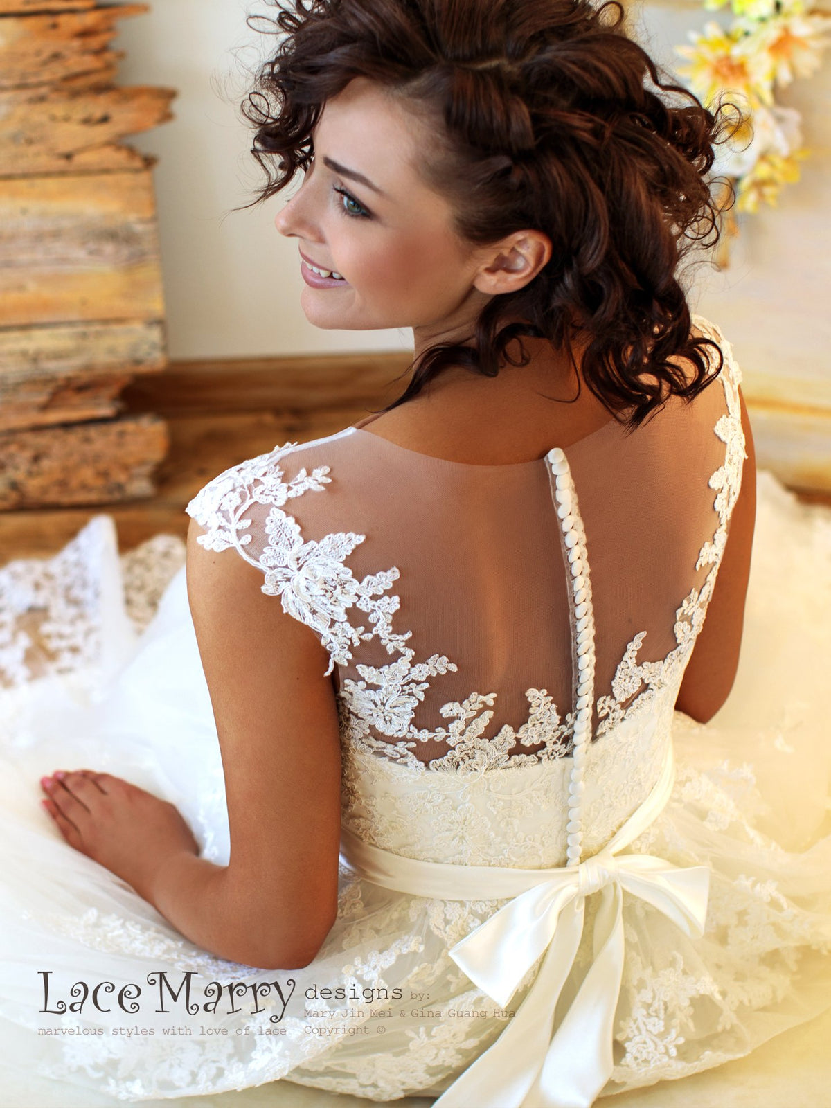 Illusion Back Wedding Dress with Buttons