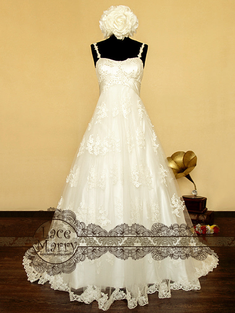 Delicate Flower Appliqu Lace Empire Waist Wedding Dress - LaceMarry Delicate Flower Appliqu Lace Empire Waist Wedding Dress - LaceMarry