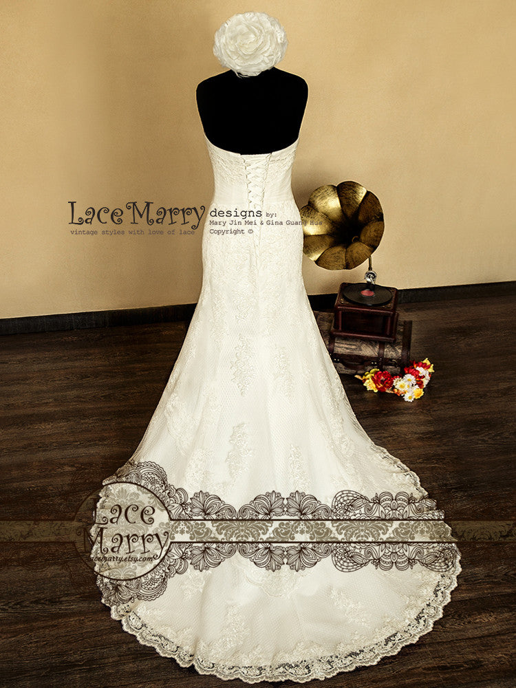 Cathedral Length Train Strapless Lace Wedding Dress
