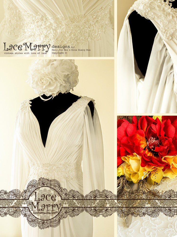 Deep V Neckline Wedding Dress with Chiffon Sleeves