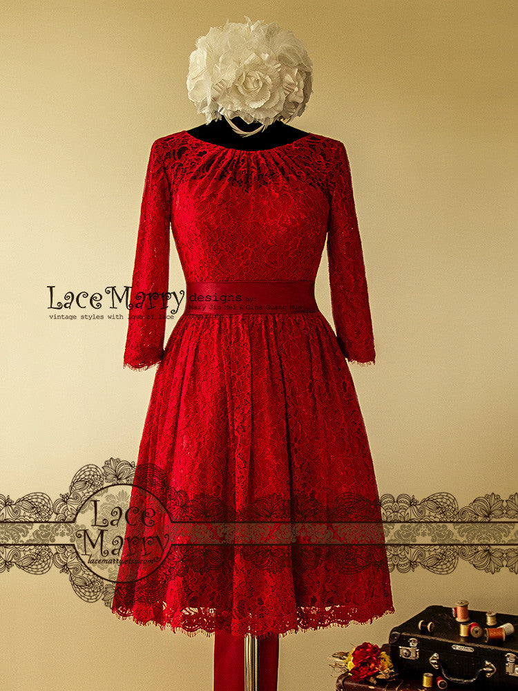 Red Knee Length Wedding Dress All Over Lace with Sash
