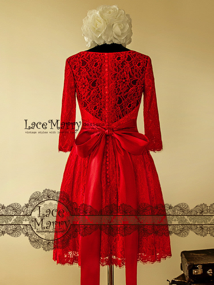 See Through Back Red Lace Wedding Dress in Knee Length