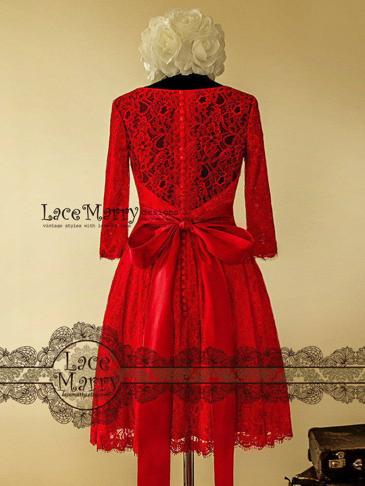 Excellent Knee Length Red Lace Wedding Dress - LaceMarry Excellent Knee Length Red Lace Wedding Dress - LaceMarry