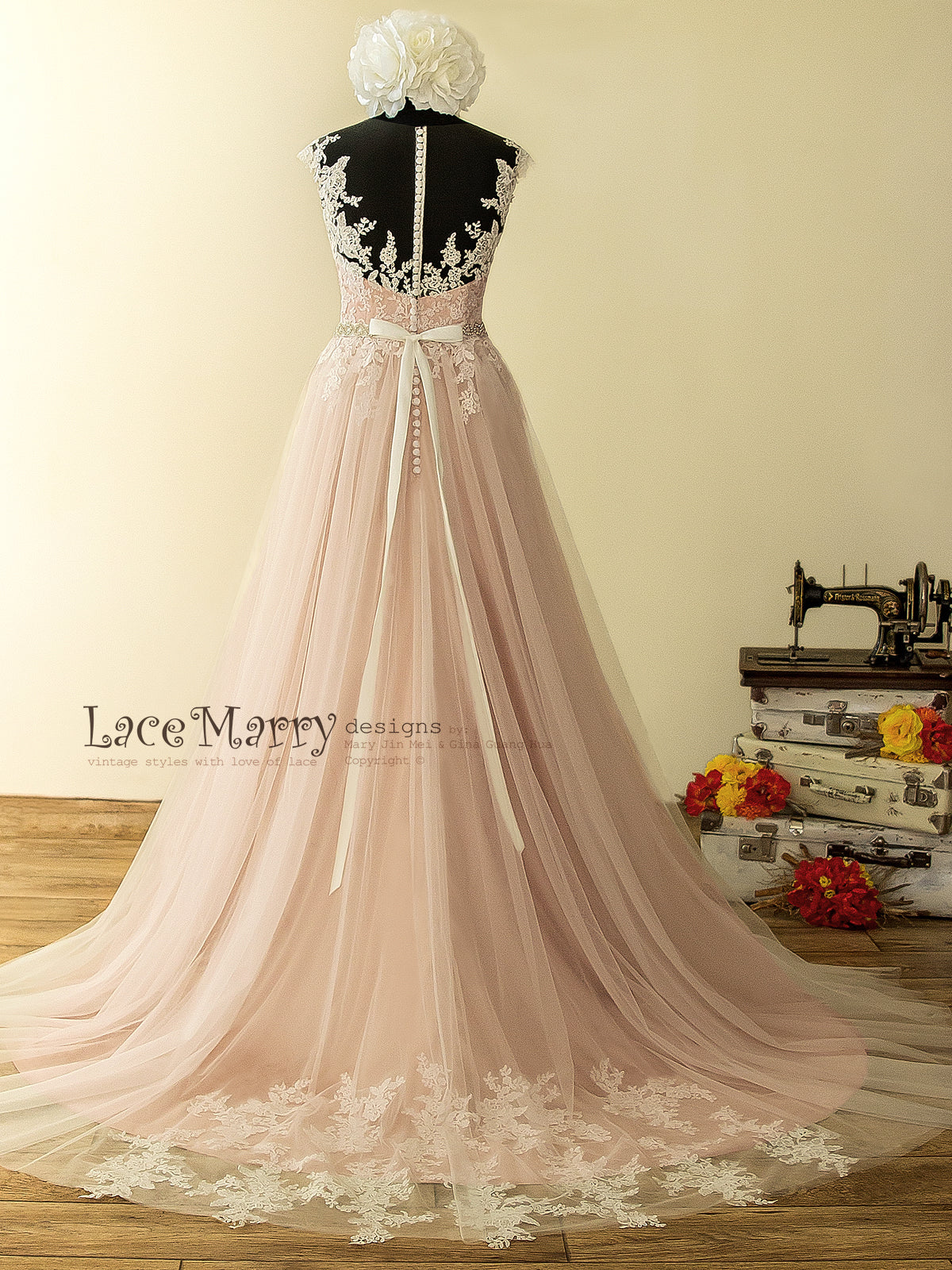 Champagne Dusty Pink Wedding Dress with Airy Tulle Skirt - LaceMarry