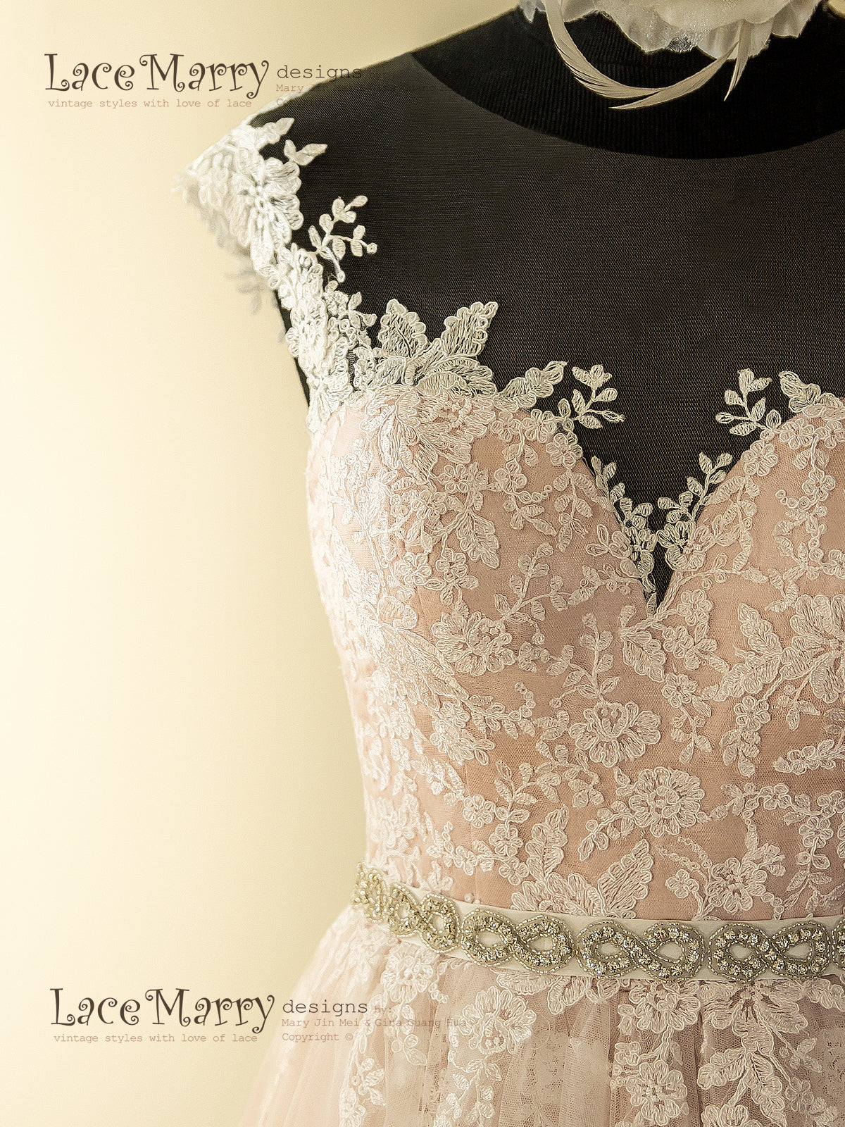 Champagne Dusty Pink Wedding Dress with Airy Tulle Skirt - LaceMarry Champagne Dusty Pink Wedding Dress with Airy Tulle Skirt - LaceMarry