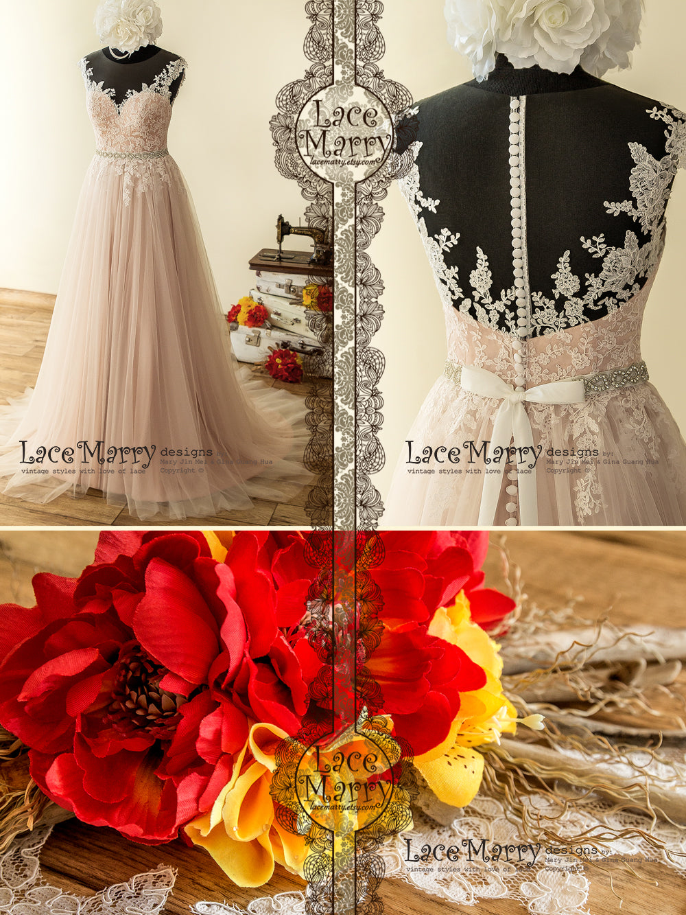 Champagne Dusty Pink Wedding Dress with Airy Tulle Skirt - LaceMarry Champagne Dusty Pink Wedding Dress with Airy Tulle Skirt - LaceMarry