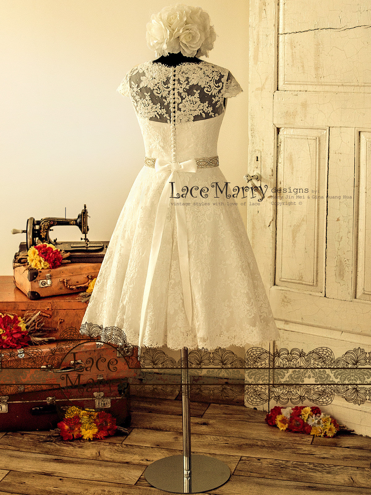 Vintage Style Wedding Dress from Alencon Lace in Knee Length - LaceMarry Vintage Style Wedding Dress from Alencon Lace in Knee Length - LaceMarry
