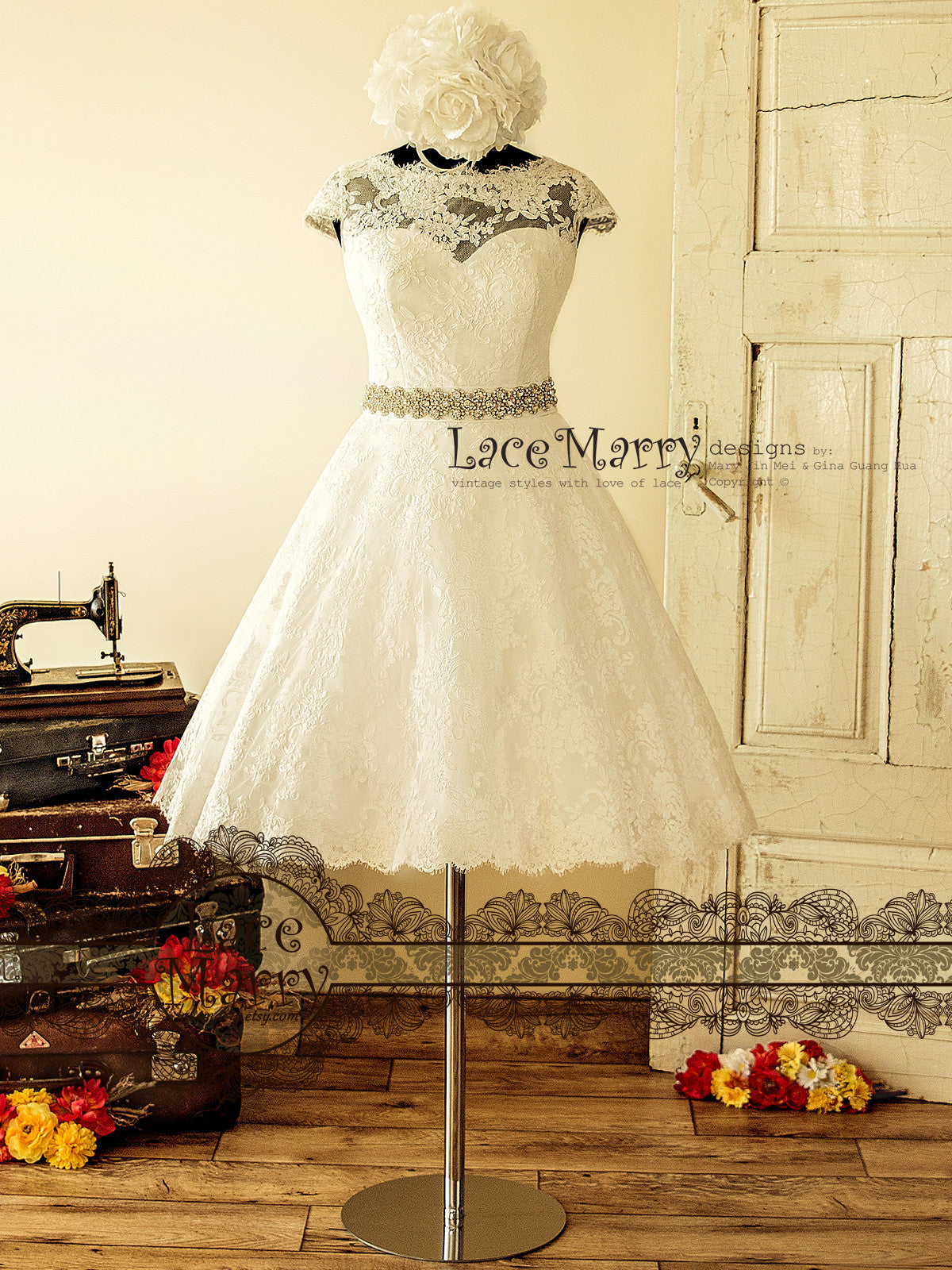 1950s Style Knee Length Lace Wedding Dress
