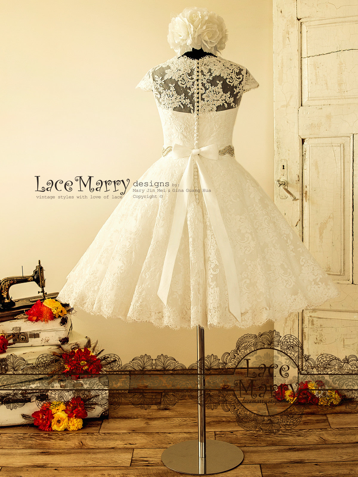 Rockabilly Inspired Wedding Dress from Lace in Knee Length - LaceMarry Rockabilly Inspired Wedding Dress from Lace in Knee Length - LaceMarry