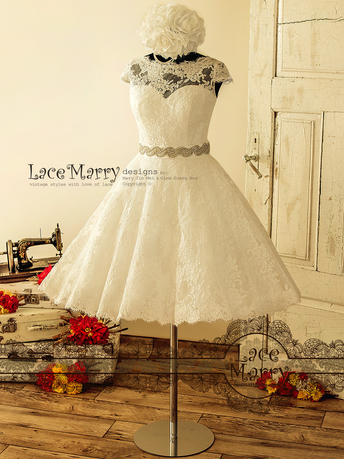1950s Knee Length Lace Wedding Dress